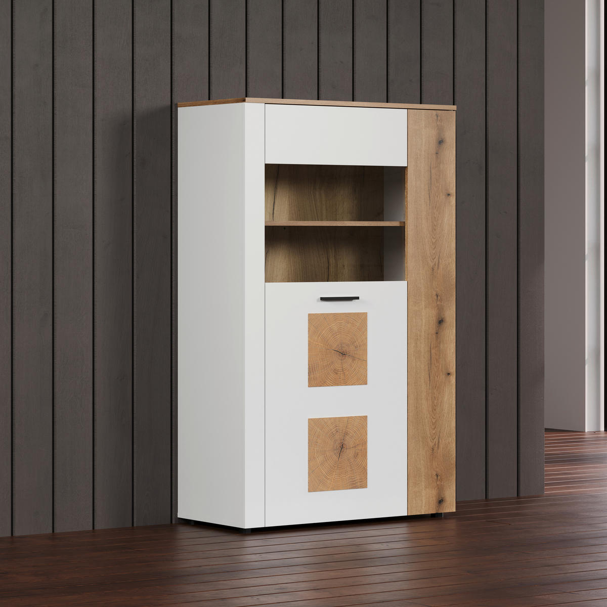 Vitrine Vitoria weiß Eiche Evoke Coast Nachbildung B/H/T: ca. 90x146x42 cm Vitoria - Eiche/weiß (90,00/146,00/42,00cm)