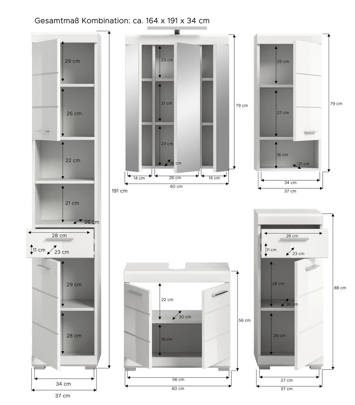 Badezimmer-Set Scout weiß weiß Hochglanz B/H/T: ca. 164x191x34 cm Scout - weiß (164,00/191,00/34,00cm) - xonox.home