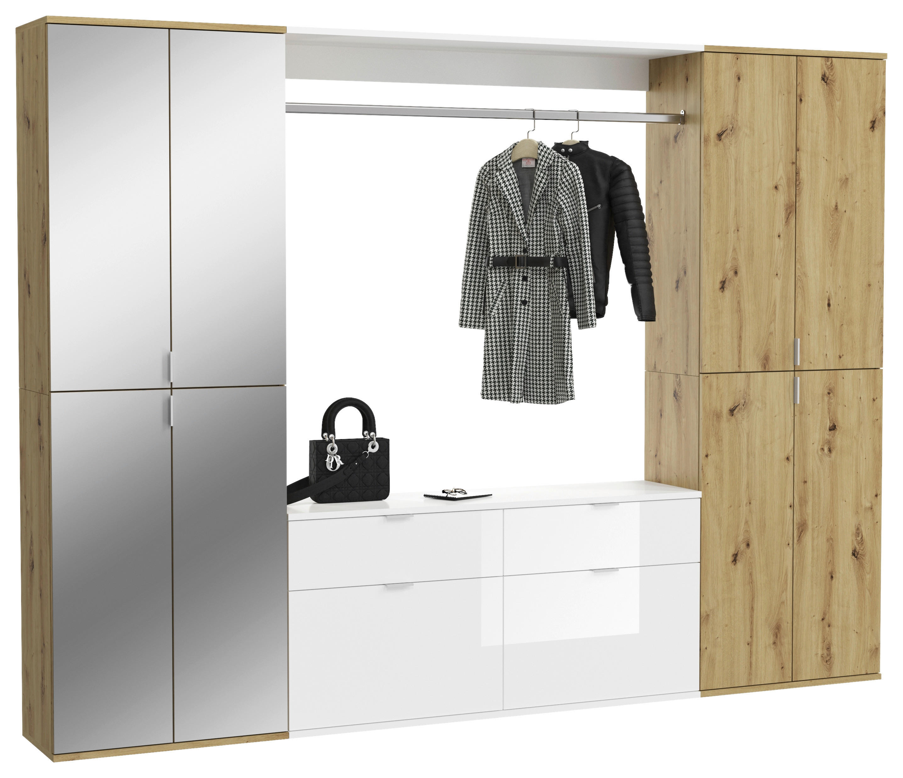 Garderobe PROJEKT Eiche Artisan Nachbildung weiß Hochglanz Spiegel B/H/T: ca. 243x193x34 cm PROJEKT - Eiche/weiß (243,00/193,00/34,00cm) - xonox.home
