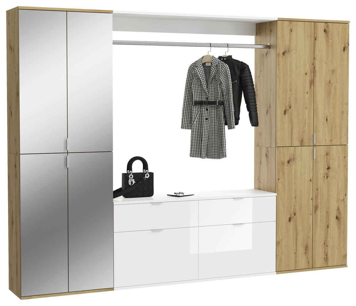 Garderobe PROJEKT Eiche Artisan Nachbildung weiß Hochglanz Spiegel B/H/T: ca. 243x193x34 cm PROJEKT - Eiche/weiß (243,00/193,00/34,00cm) - xonox.home