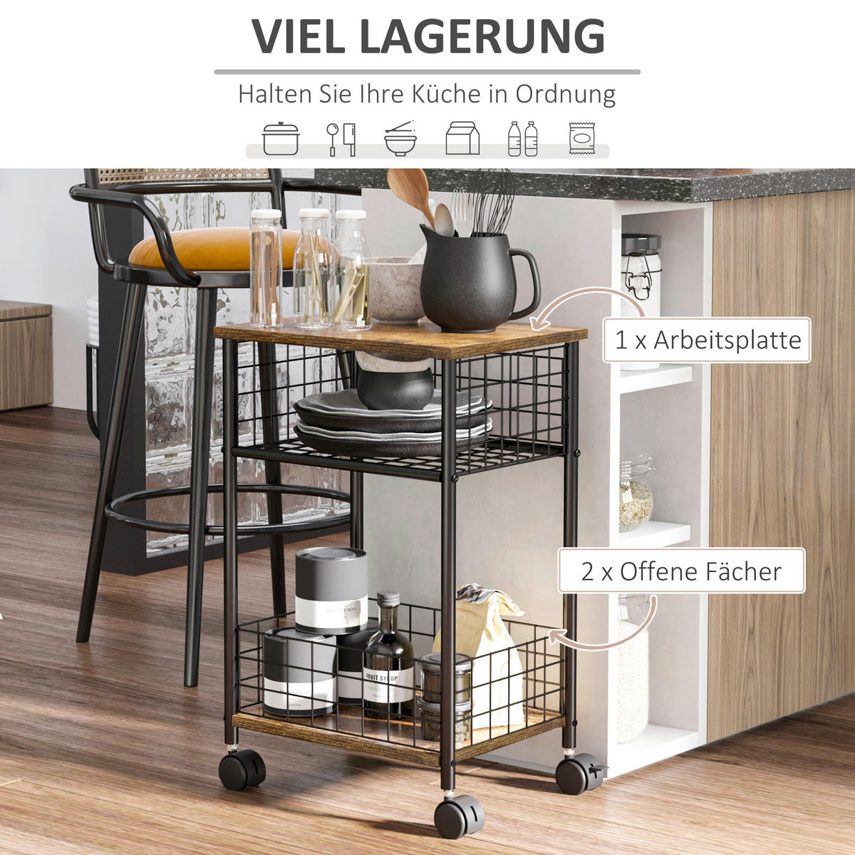 HOMCOM Küchenwagen braun Spanplatte B/H/L: ca. 30x40x62 cm Küchenwagen - braun (62,00/30,00/40,00cm) - HOMCOM