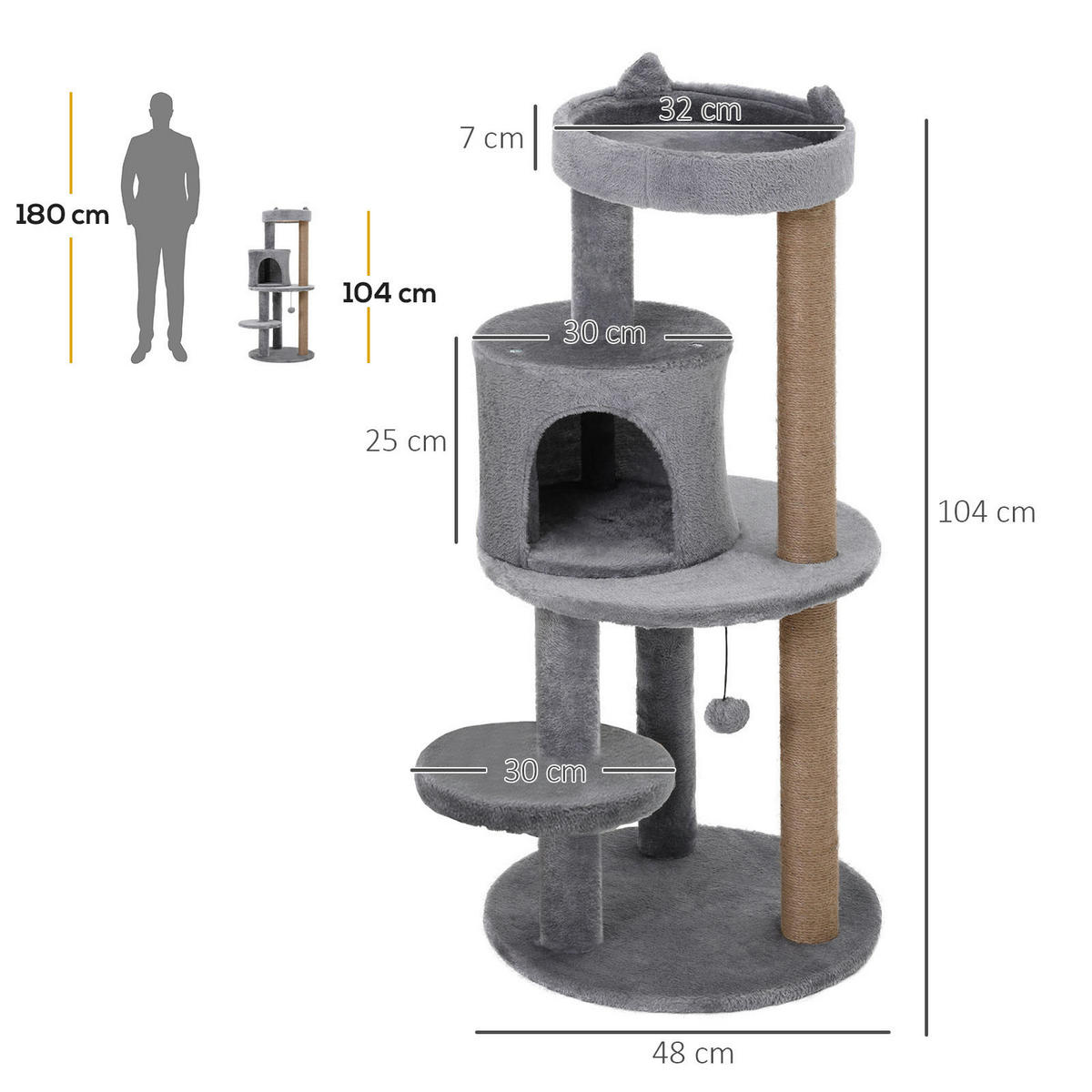 PawHut Katzenbaum grau Sisal B/H/L: ca. 48x104x48 cm Katzenbaum - grau (48,00/48,00/104,00cm) - PawHut