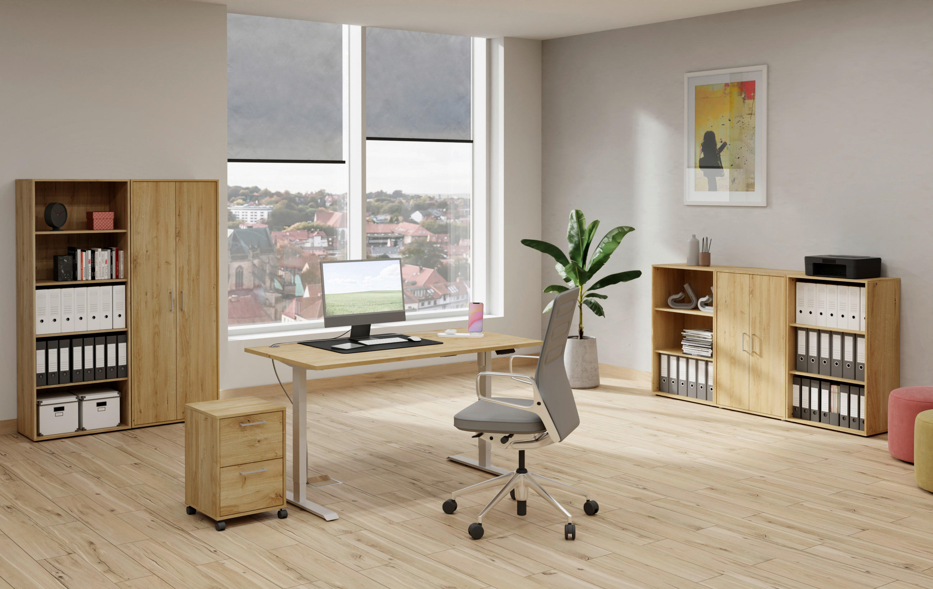 höhenverstellbarer Schreibtisch  Eiche Artisan Nachbildung weiß B/H/T: ca. 120x116x80 cm Princeton_Schreibtisch 377-118 - Eiche/weiß (120,00/116,00/80,00cm)