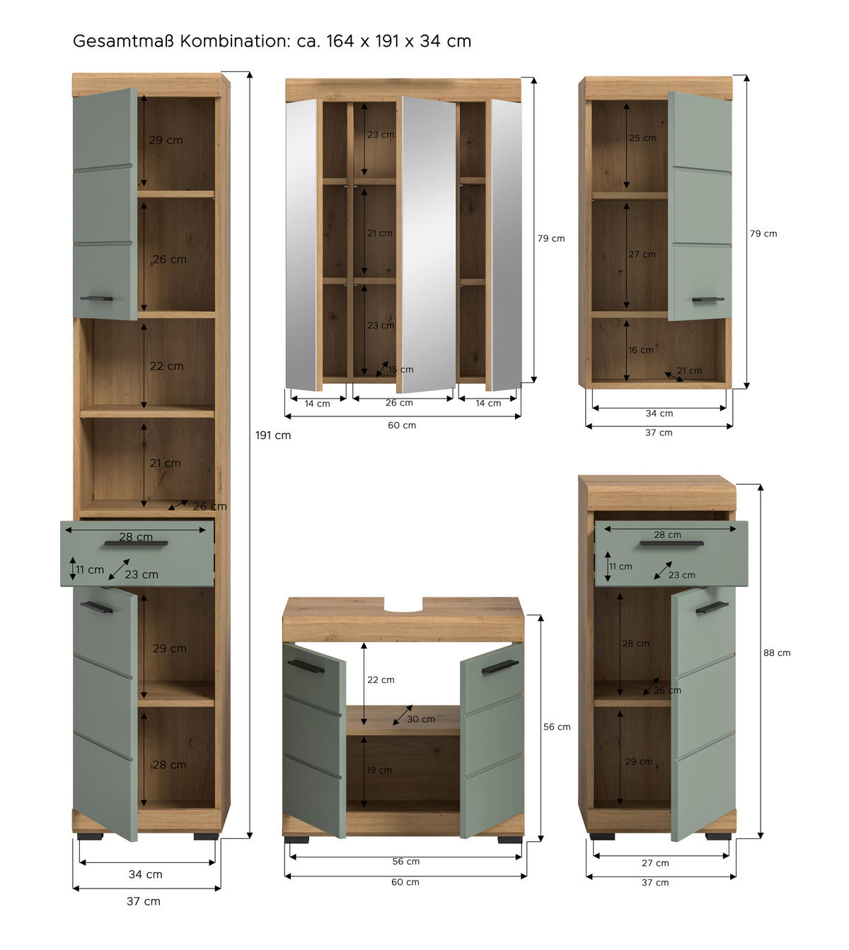 Badezimmer-Set Scout Eiche Artisan Nachbildung salbei Nachbildung B/H/T: ca. 164x191x34 cm Scout - Eiche/salbei (164,00/191,00/34,00cm) - xonox.home