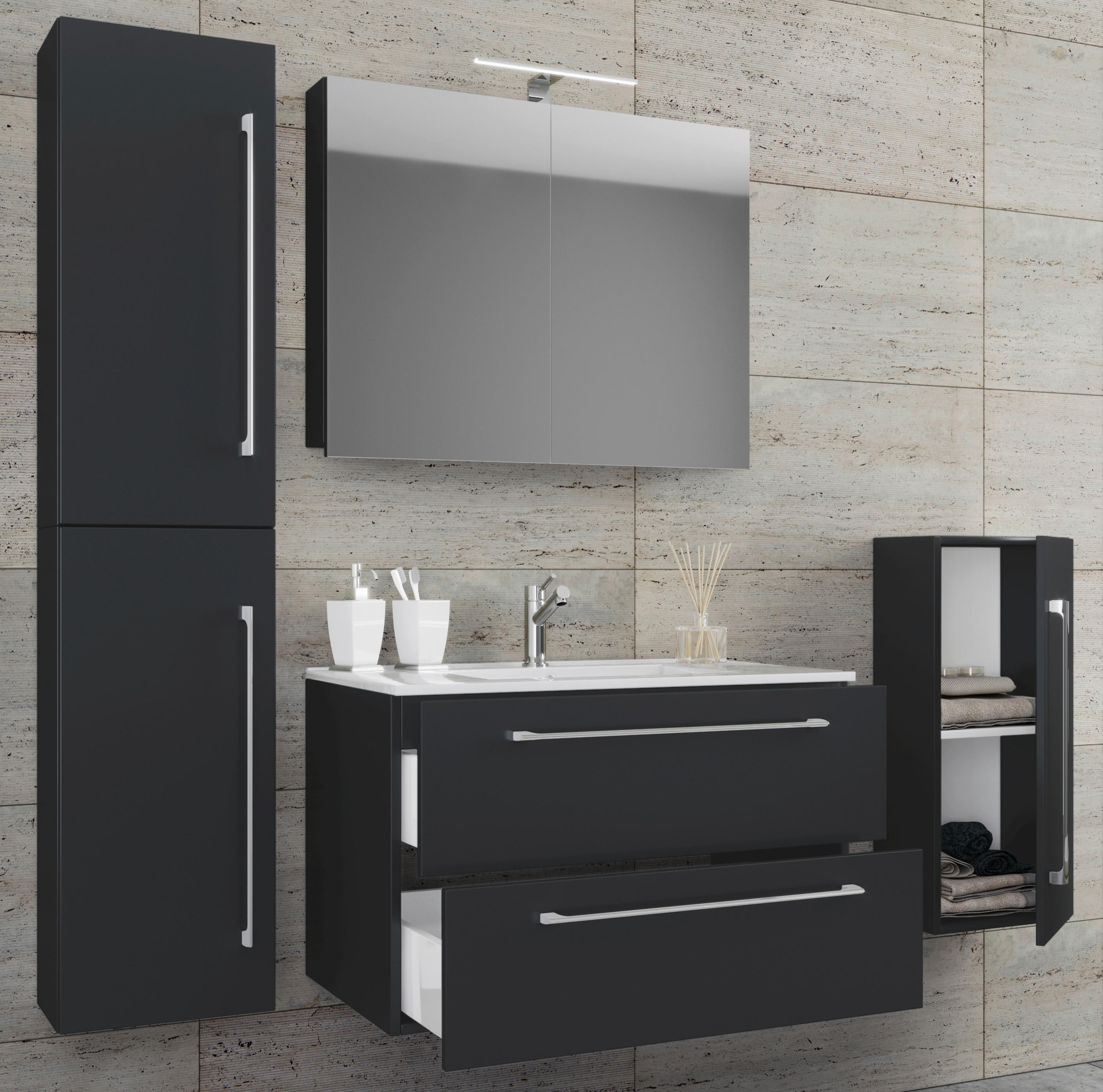 Waschplatz 5tlg-Badinos schwarz B/H/T: ca. 60x50x46 cm 5tlg-Badinos - schwarz (60,00/50,00/46,00cm) - VCM Möbel
