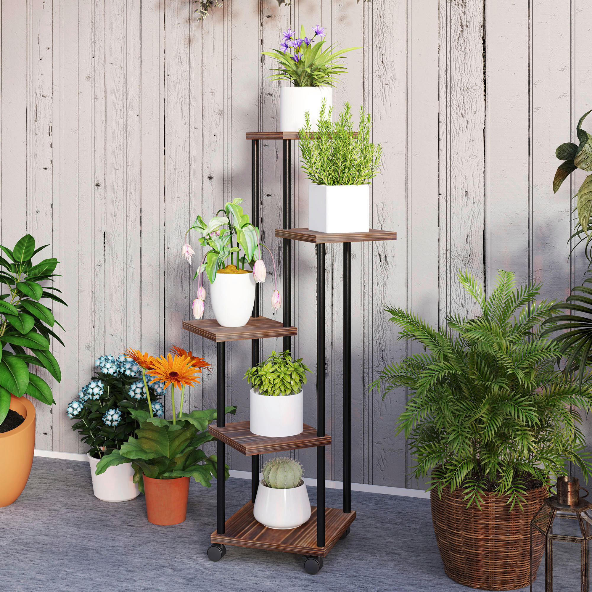 Outsunny Pflanzenständer braun Holz B/H/L: ca. 59x110x59 cm Pflanzenständer - braun/schwarz (59,00/59,00/110,00cm) - Outsunny