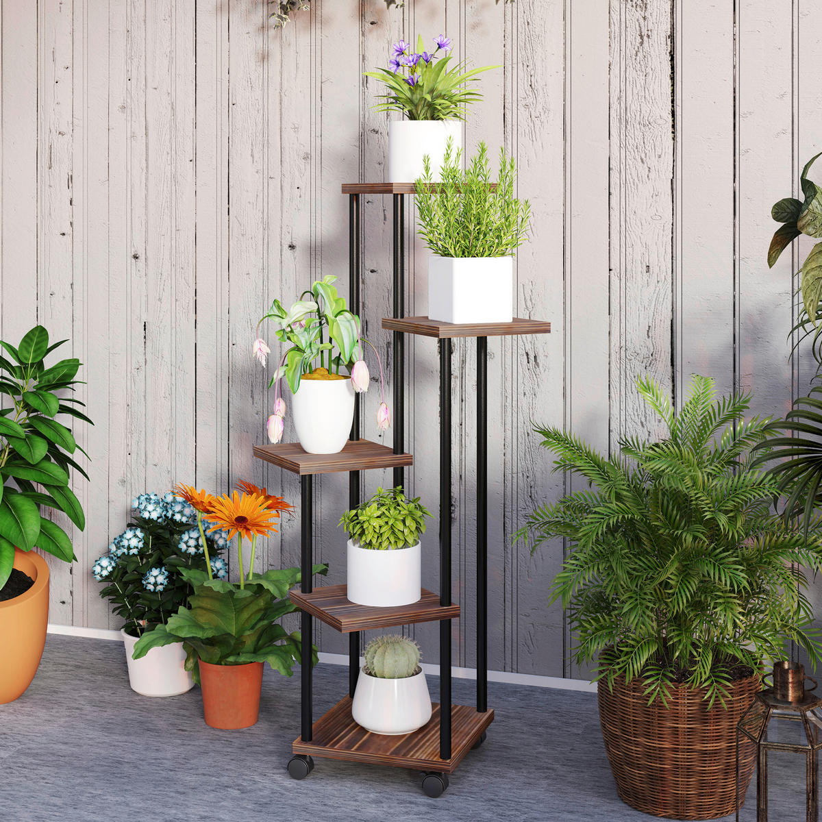 Outsunny Pflanzenständer braun Holz B/H/L: ca. 59x110x59 cm Pflanzenständer - braun/schwarz (59,00/59,00/110,00cm) - Outsunny