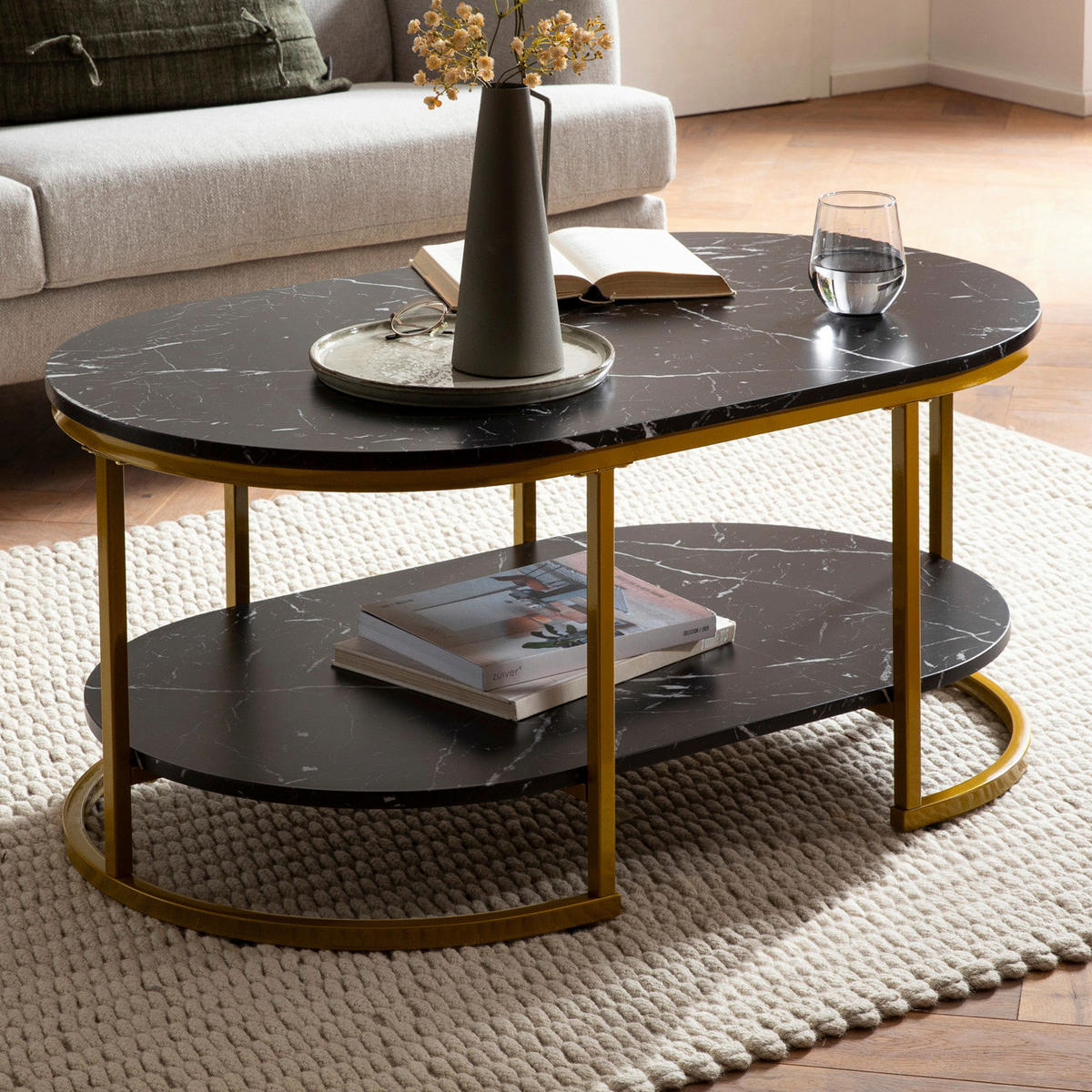 Couchtisch schwarz Marmor Optik B/H/T: ca. 100x45x60 cm Couchtisch - schwarz (100,00/45,00/60,00cm) - Wohnling