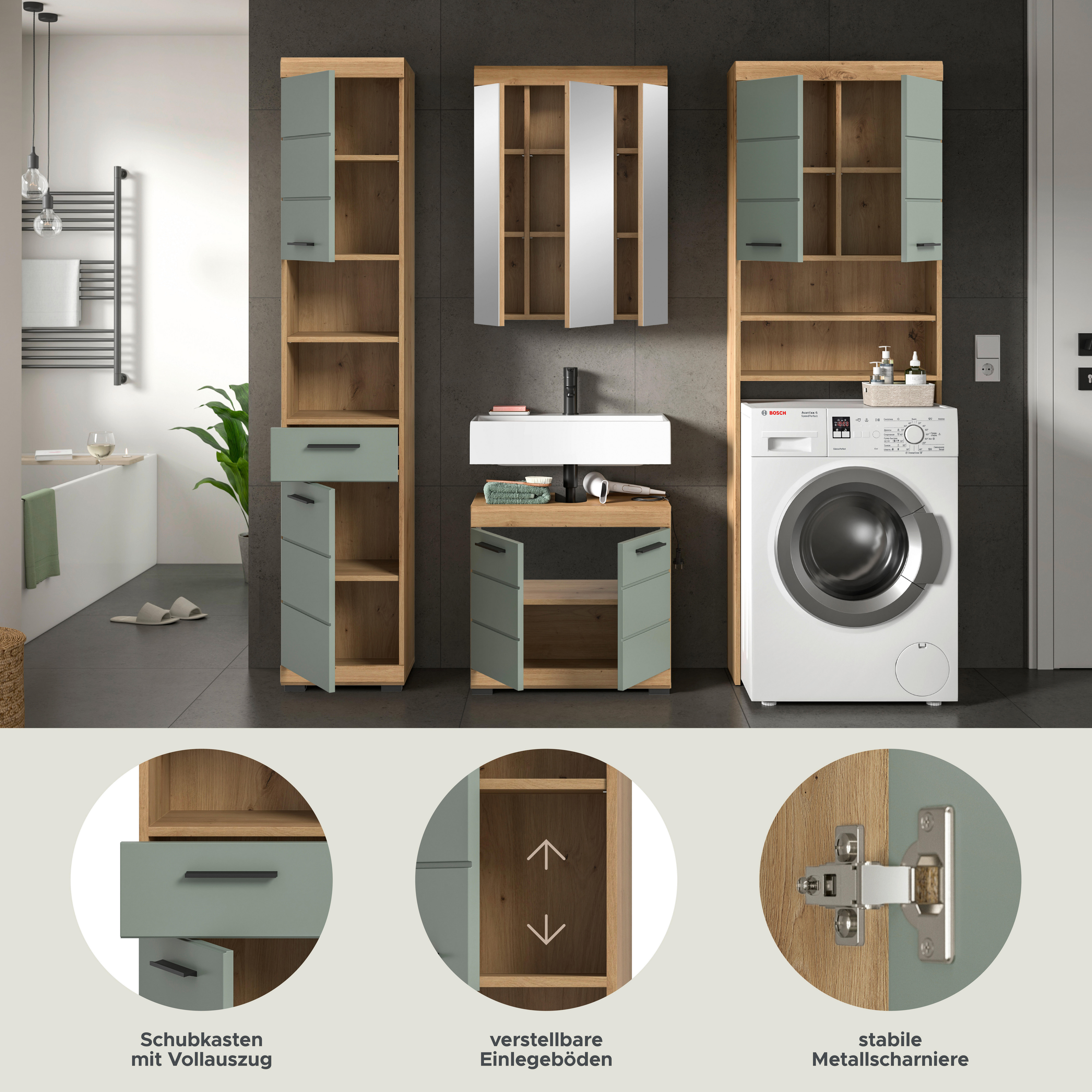 Badezimmer-Set Scout Eiche Artisan Nachbildung salbei Nachbildung B/H/T: ca. 190x191x34 cm Scout - Eiche/salbei (190,00/191,00/34,00cm) - xonox.home