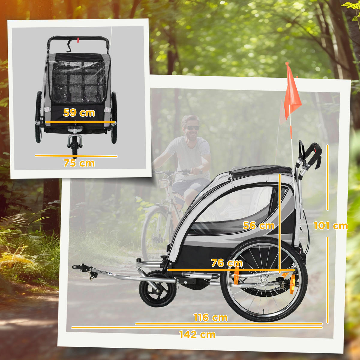 HOMCOM Kinderfahrradanhänger schwarz schwarz B/H/L: ca. 75x101x142 cm Kinderfahrradanhänger - schwarz/grau (142,00/75,00/101,00cm) - HOMCOM