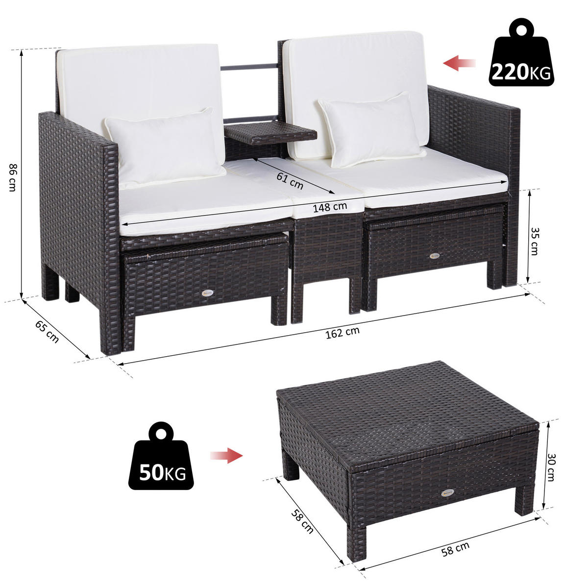 Outsunny Loungeset schwarz Polyrattan Loungeset_3tlg. - weiß/schwarz - Outsunny