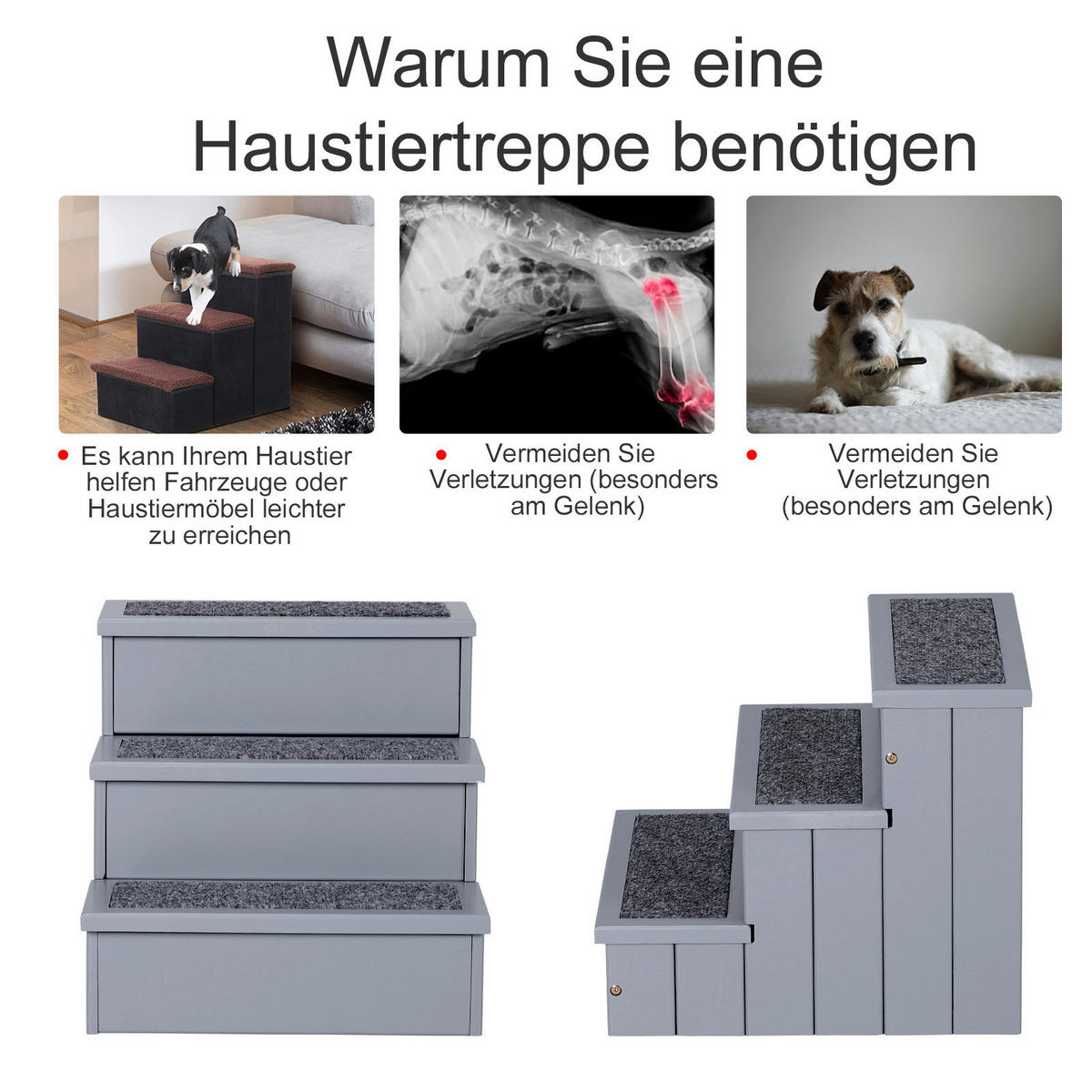 PawHut Haustiertreppe grau Kiefer Haustiertreppe mit 3 Stufen - grau - PawHut