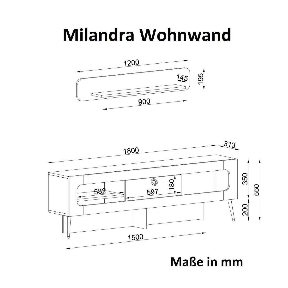 Wohnwand Milandra Rebab braun dunkelgrau dunkelgrün B/H/T: ca. 180x55x31,5 cm Milandra - dunkelgrau/dunkelgrün (180,00/55,00/31,50cm) - moebel17