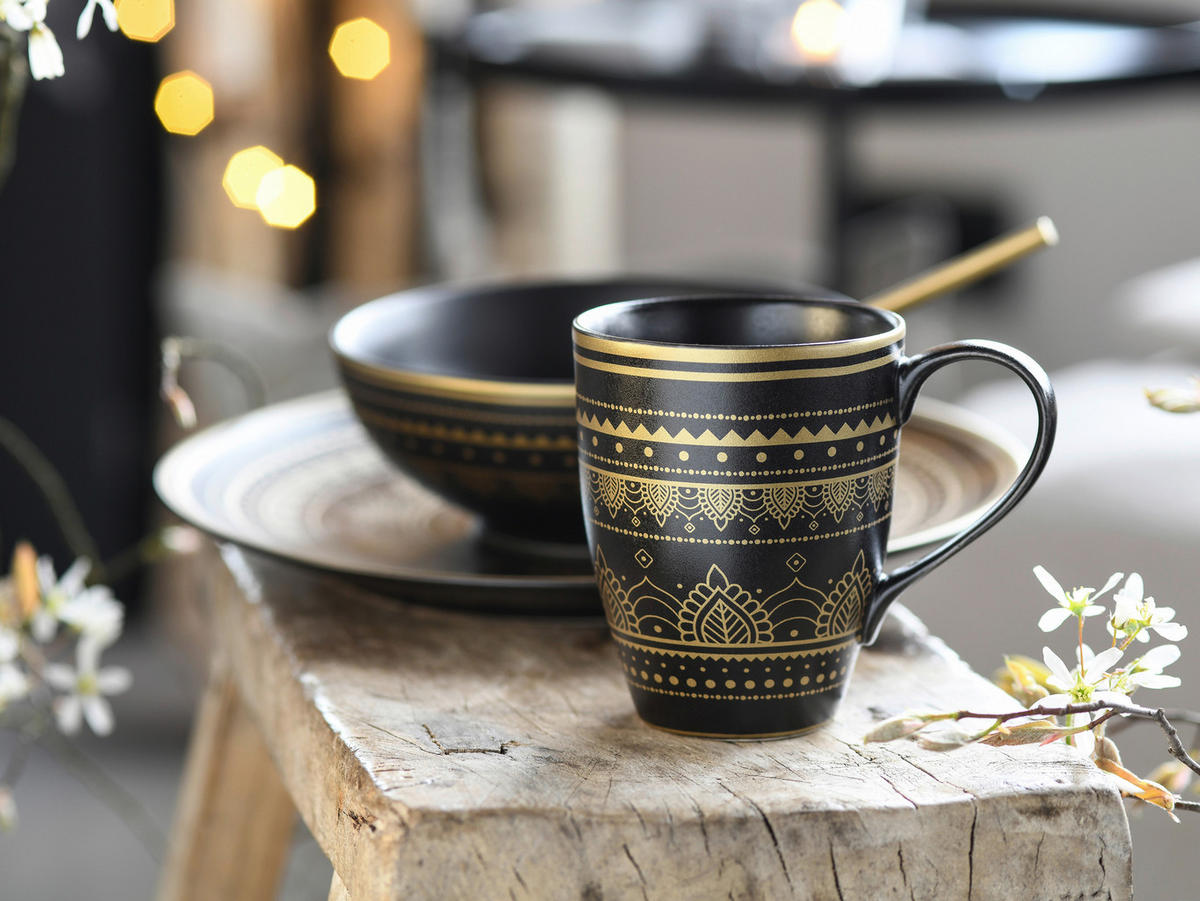 CreaTable Kombiservice MANDALA GOLD schwarz Steinzeug 16 tlg. MANDALA GOLD - gold/schwarz - CreaTable