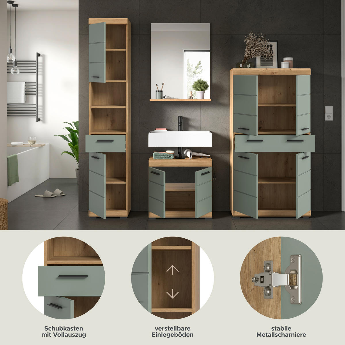 Badezimmer-Set Scout Eiche Artisan Nachbildung salbei Nachbildung B/H/T: ca. 186x191x34 cm Scout - Eiche/salbei (186,00/191,00/34,00cm) - xonox.home