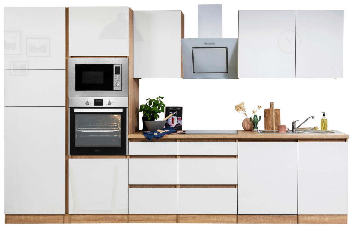 Respekta Küchenblock Premium weiß hochglänzend B/H/T: ca. 345x220,5x60 cm Premium - Eiche/weiß (345,00/220,50/60,00cm) - Respekta