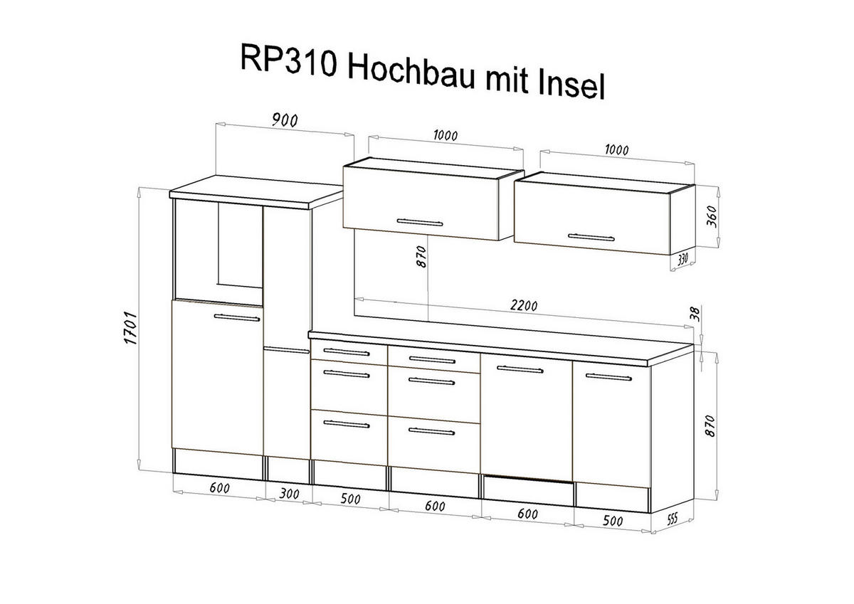 Respekta Inselküche Premium schwarz hochglänzend B/H/T: ca. 310x200x60 cm Premium - Eiche/schwarz (310,00/200,00/60,00cm) - Respekta