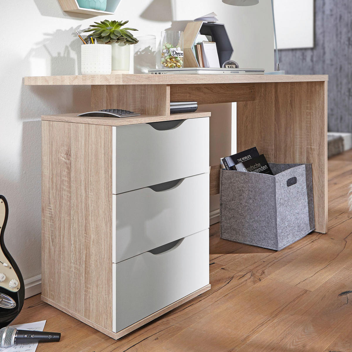 Schreibtisch Eiche Sonoma Nachbildung weiß B/H/T: ca. 120x76x53 cm Schreibtisch - Eiche/weiß (120,00/76,00/53,00cm) - Wohnling