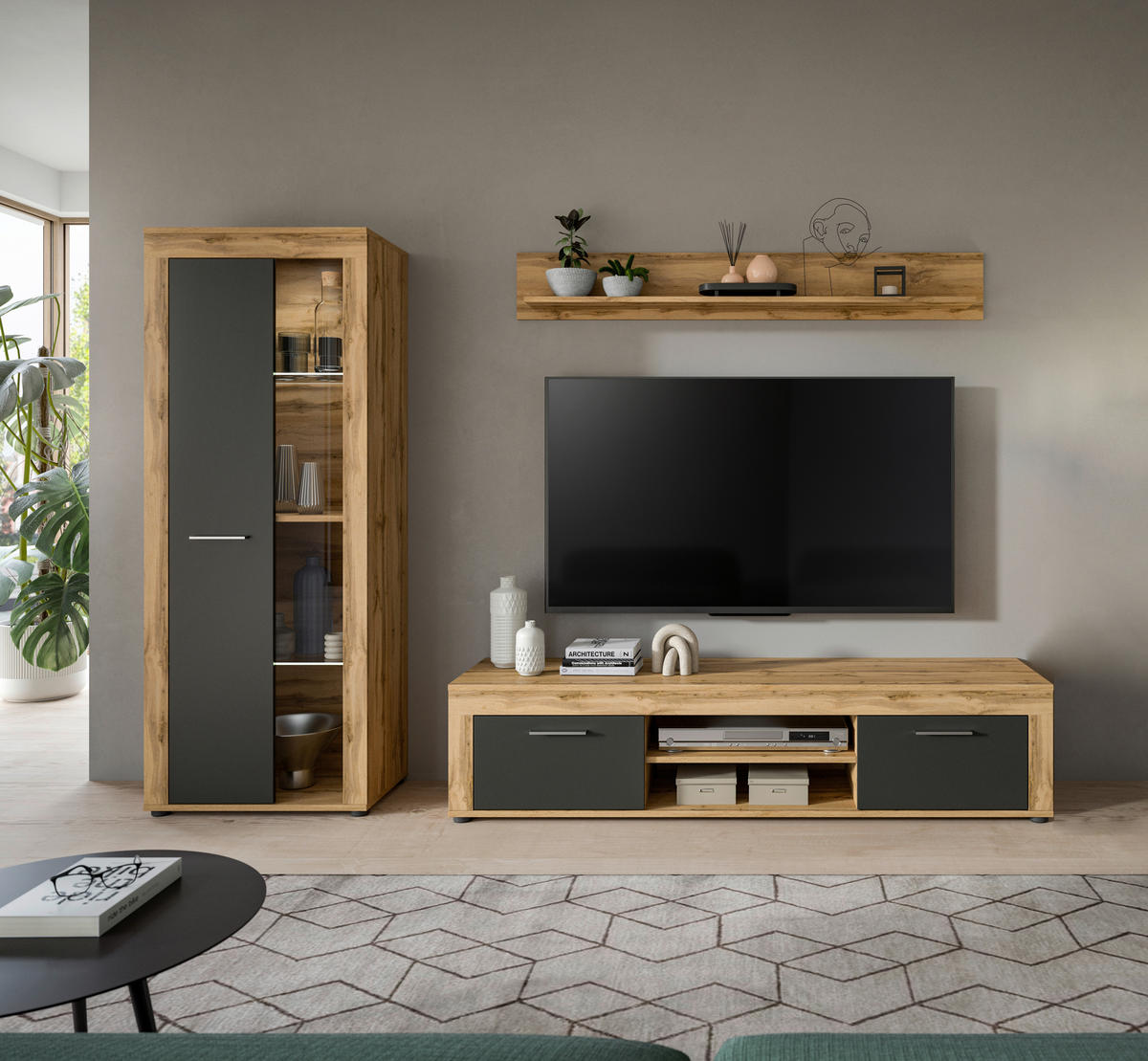 Wohnwand Jam Eiche Wotan Nachbildung grau B/H/T: ca. 235x159x35 cm Jam - Eiche/grau (235,00/159,00/35,00cm) - xonox.home