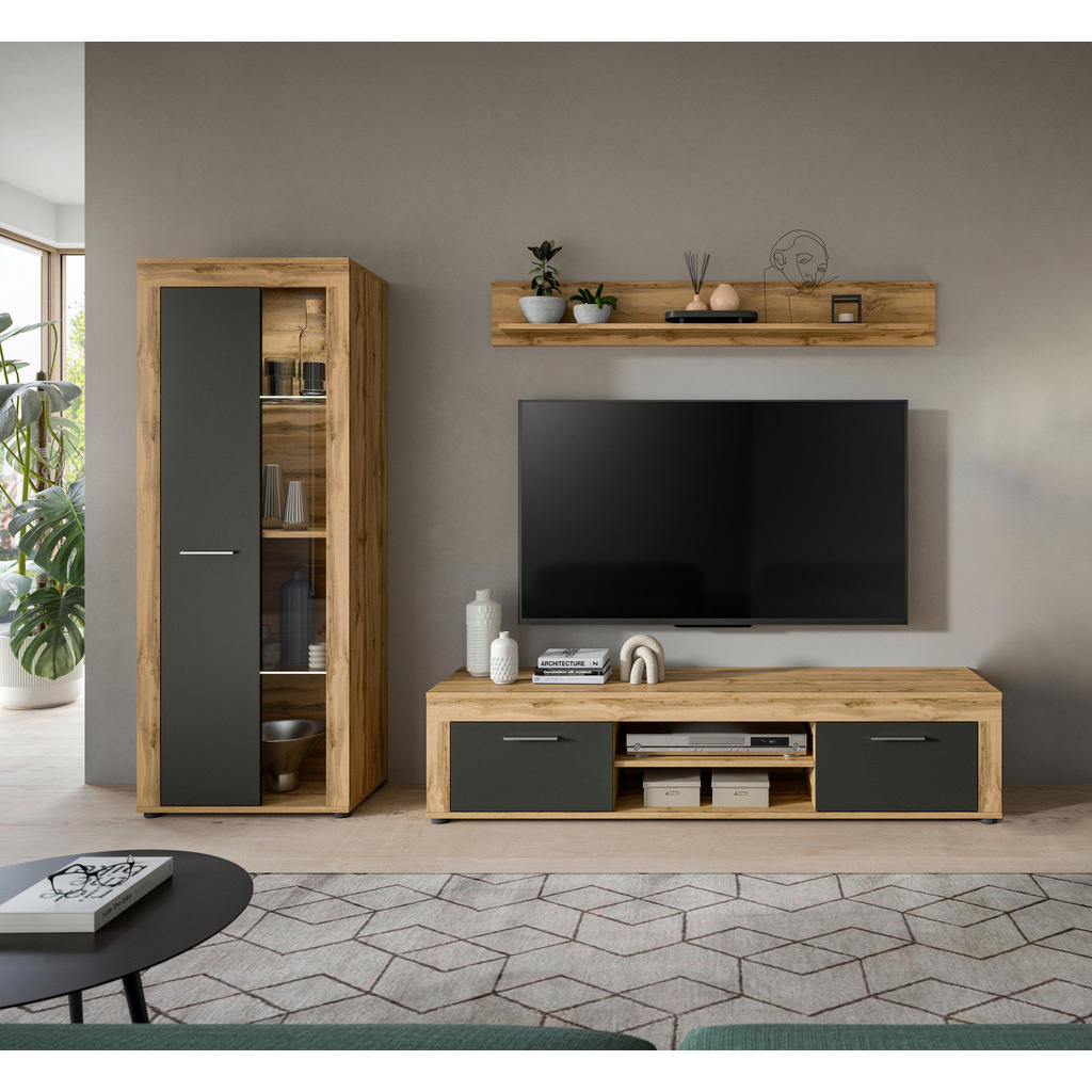 Thumbnail - Wohnwand Jam Eiche Wotan Nachbildung grau B/H/T: ca. 235x159x35 cm