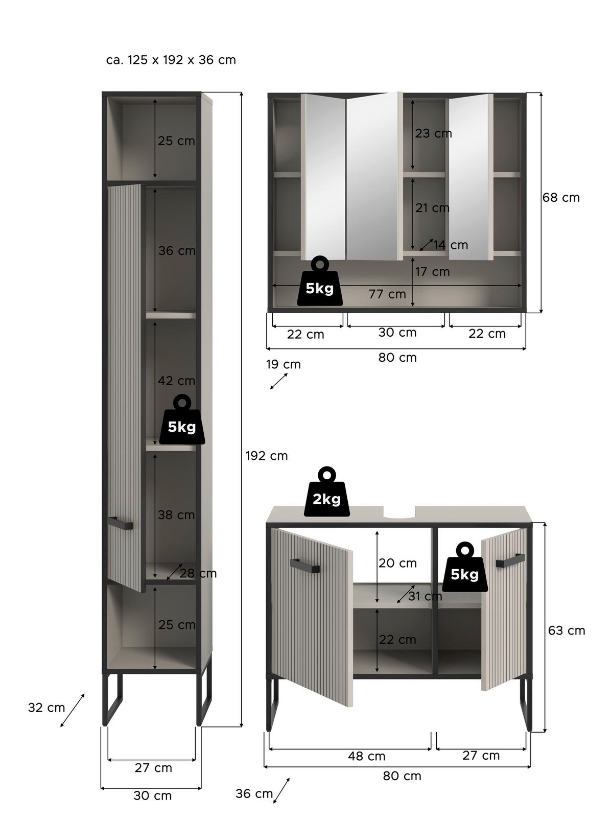 Badezimmer-Set BAGNO schwarz Kaschmirgrau Nachbildung B/H/T: ca. 125x192x36 cm BAGNO - schwarz (125,00/192,00/36,00cm) - xonox.home