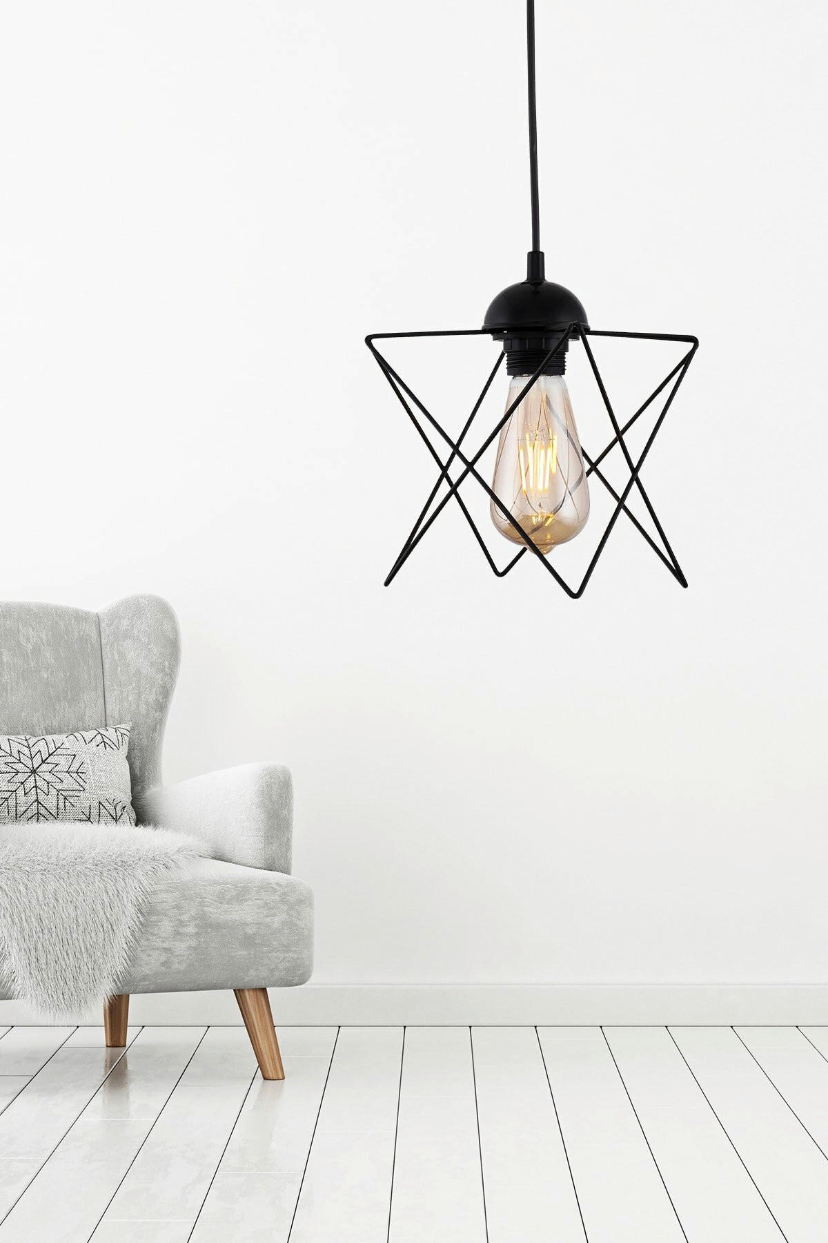 Opviq Pendelleuchte schwarz Metall B/H/T/L: ca. 18x60x21x18 cm E27 1 Brennstellen Pendelleuchte_205-P - schwarz (18,00/18,00/60,00cm) - Opviq