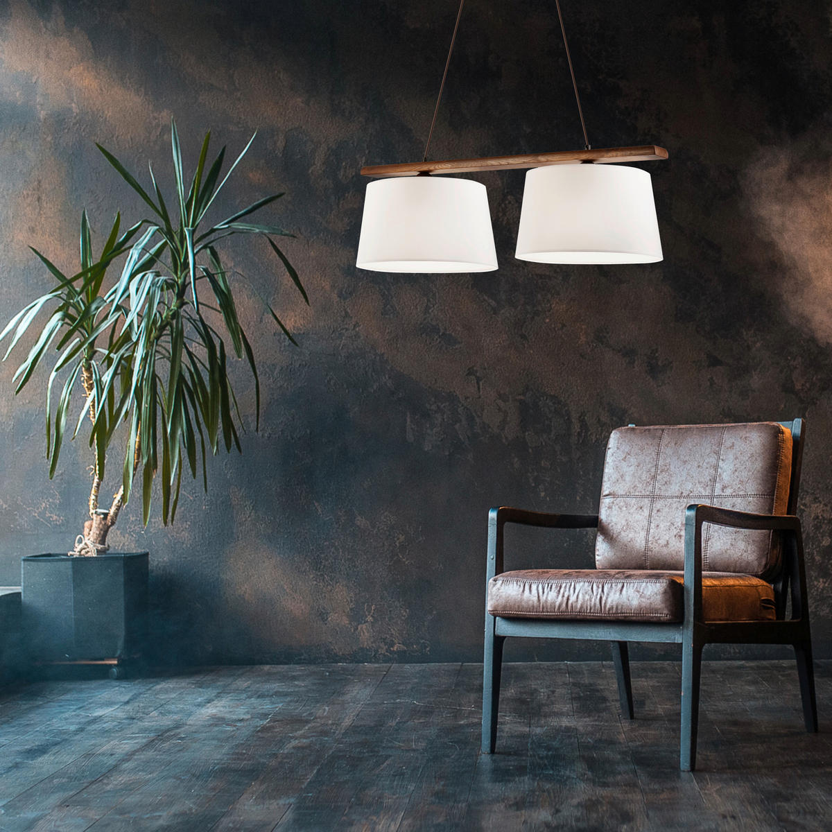 Lamkur Pendelleuchte AIDA 35178 Eiche Holz Stoff Stahl H/L: ca. 95x90 cm E27 2 Brennstellen Aida - Eiche (90,00cm) - Lamkur