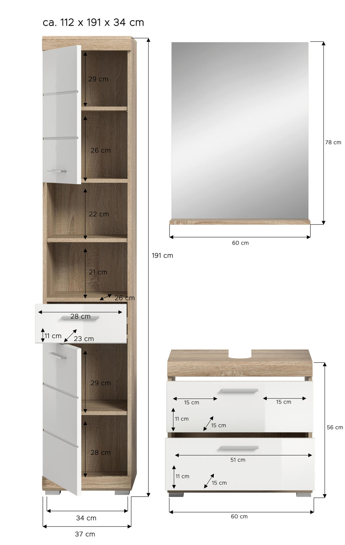 Badezimmer-Set Lambada Eiche Sonoma Nachbildung weiß Hochglanz B/H/T: ca. 112x191x37 cm Lambada - Eiche/weiß (112,00/191,00/37,00cm) - xonox.home