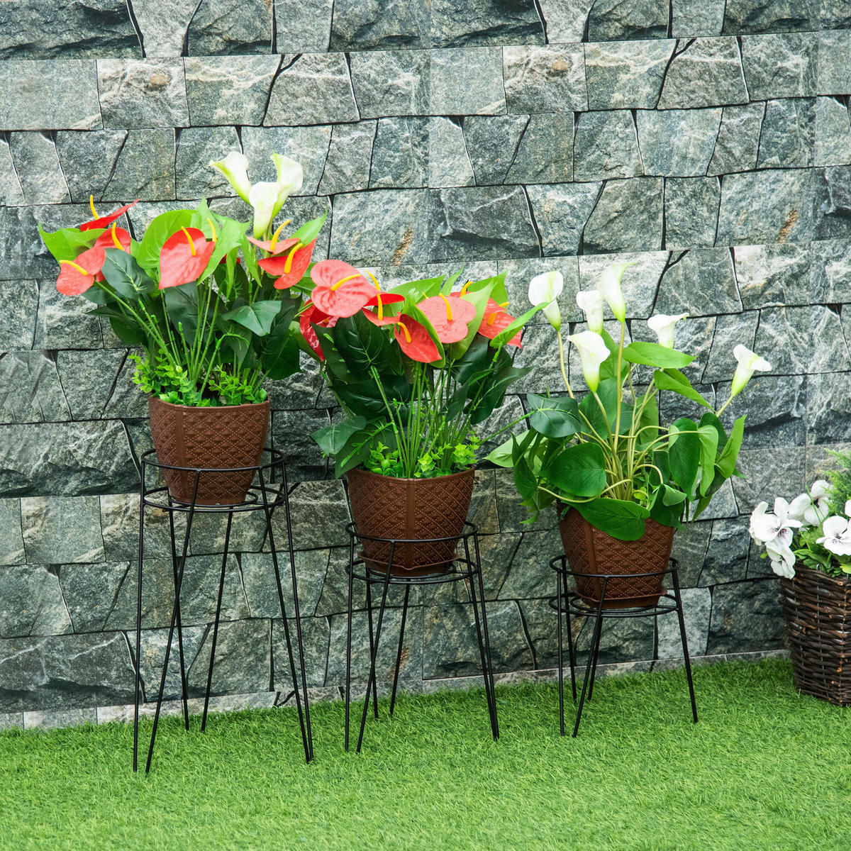 Outsunny Pflanzenständer-Set schwarz Stahl B/H/L: ca. 23x42x26 cm Pflanzenständer-Set - schwarz (26,00/23,00/42,00cm) - Outsunny