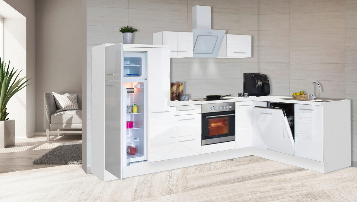 Respekta Winkelküche Amanda weiß Hochglanz B/T/L: ca. 290x60x200 cm Amanda - weiß/Edelstahloptik (290,00/200,00cm) - Respekta