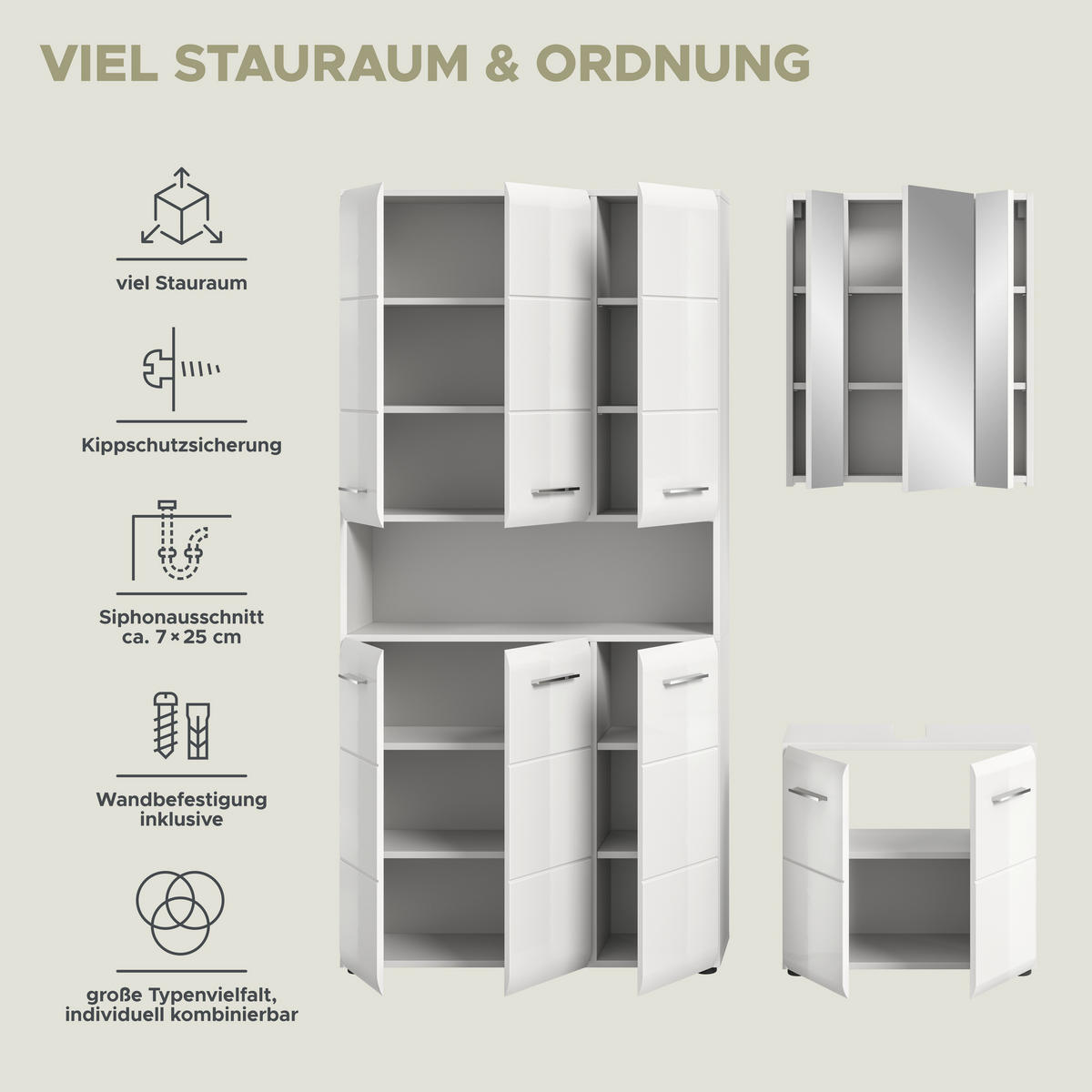Badezimmer-Set Ice weiß weiß Hochglanz B/H/T: ca. 165x185x30 cm Ice - weiß (165,00/185,00/30,00cm) - xonox.home