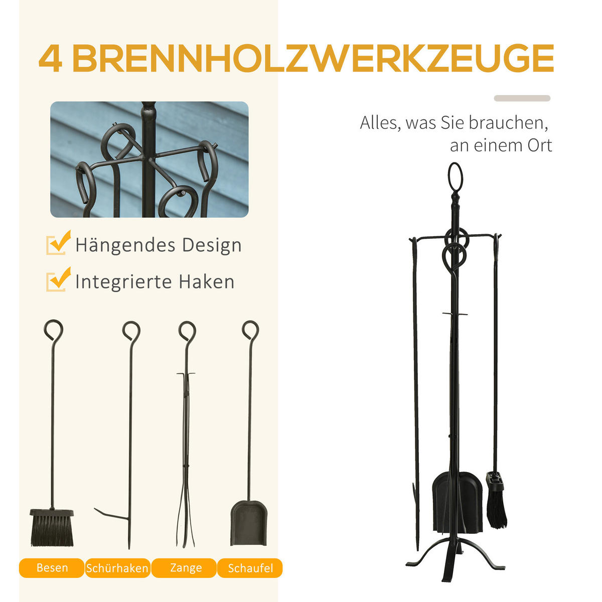 Outsunny Schürhaken und Halterung schwarz B/H/L: ca. 20x87x20 cm ca. 2,5 kg Kaminbesteck 842-201 - schwarz (20,00/20,00/87,00cm) - Outsunny