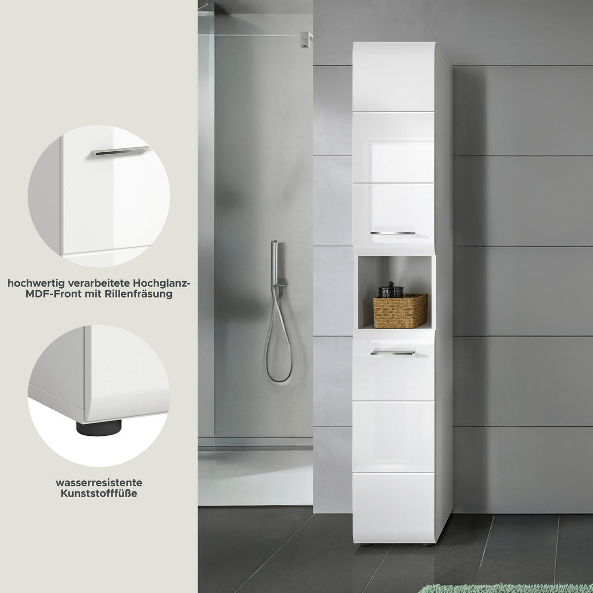 Hochschrank Ice weiß weiß Hochglanz B/H/T: ca. 30x185x30 cm Ice - weiß (30,00/185,00/30,00cm) - xonox.home