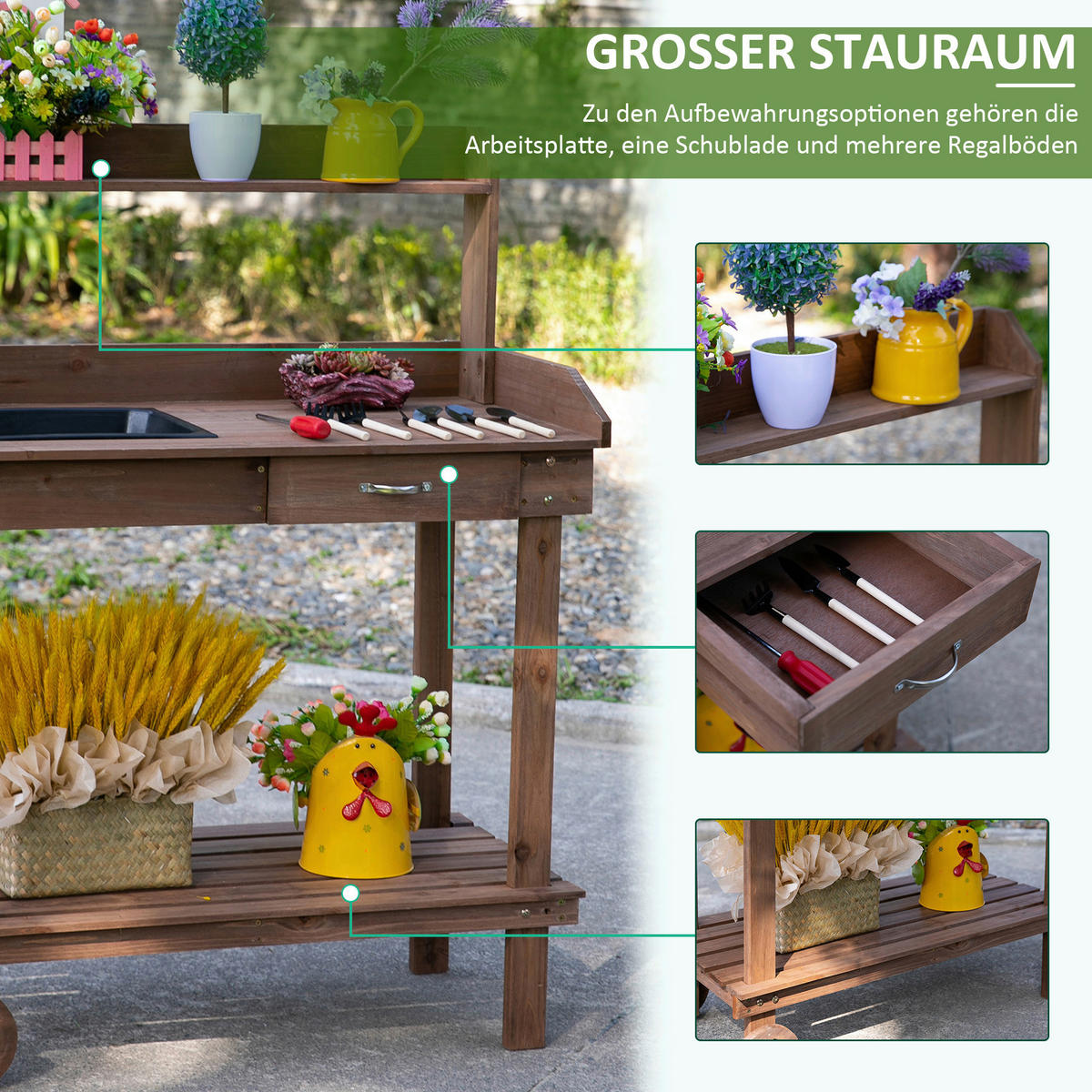 Outsunny Pflanztisch mit Rollen braun B/H/L: ca. 45x119x94 cm Gärtnertisch 845-460BN - braun (94,00/45,00/119,00cm) - Outsunny