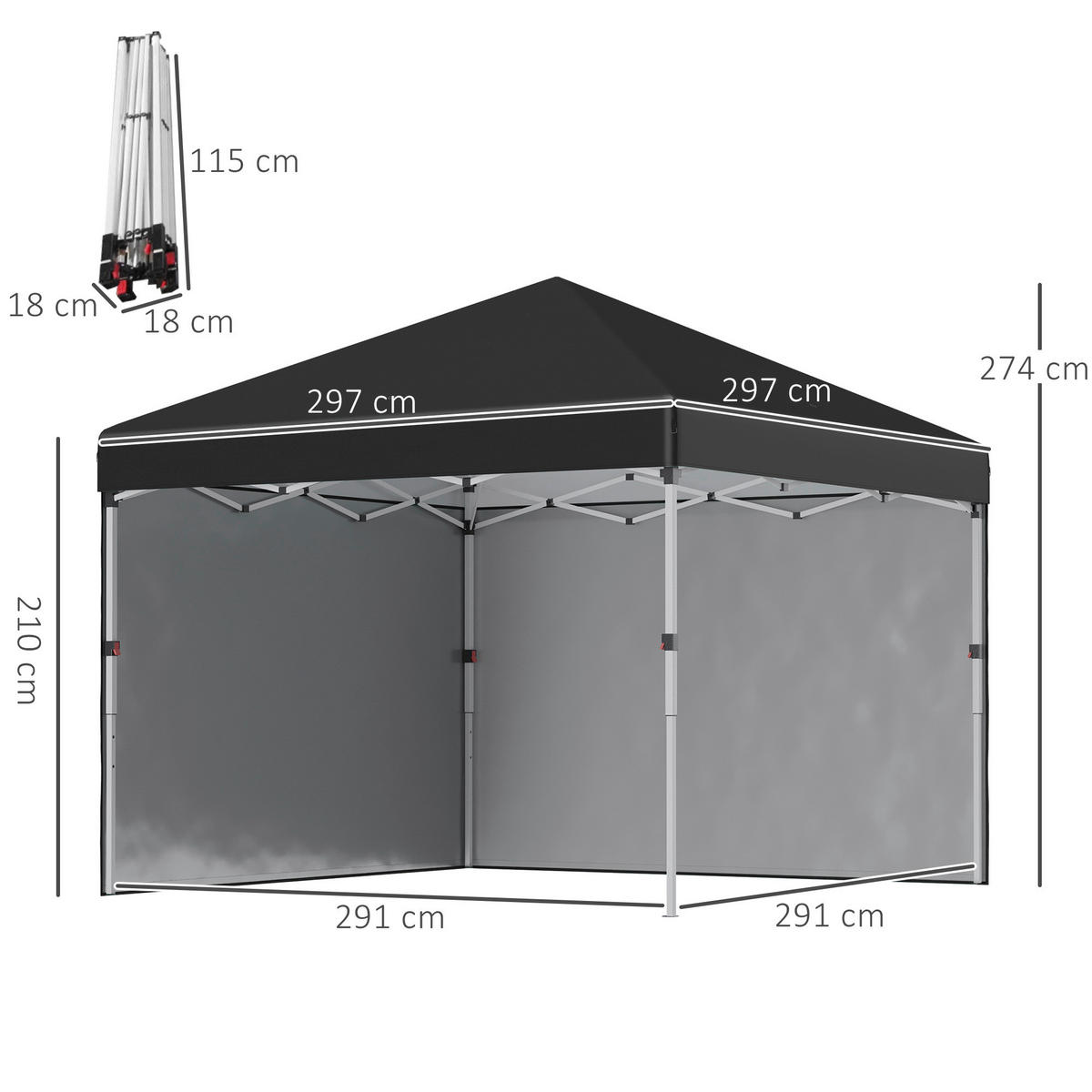 Outsunny Pavillon schwarz Polyester B/H/L: ca. 297x297x274 cm Faltpavillon - schwarz (274,00/297,00/297,00cm) - Outsunny