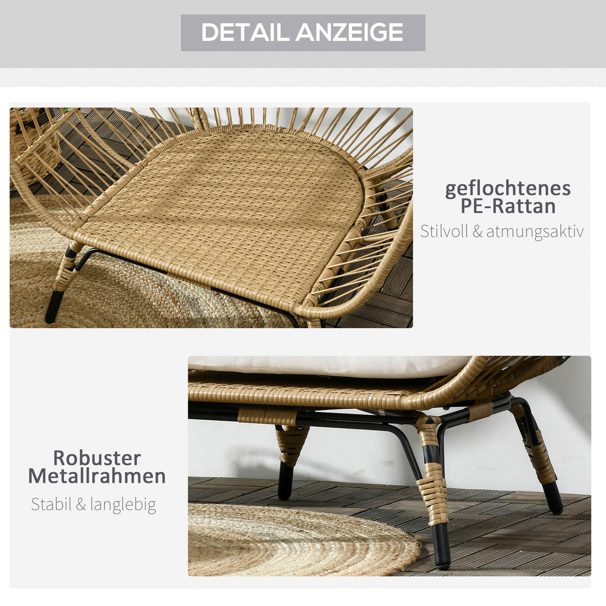 Outsunny Gartensessel khaki Polypropylen B/H/L: ca. 90x105x148 cm Rattansessel - beige/khaki (148,00/90,00/105,00cm) - Outsunny