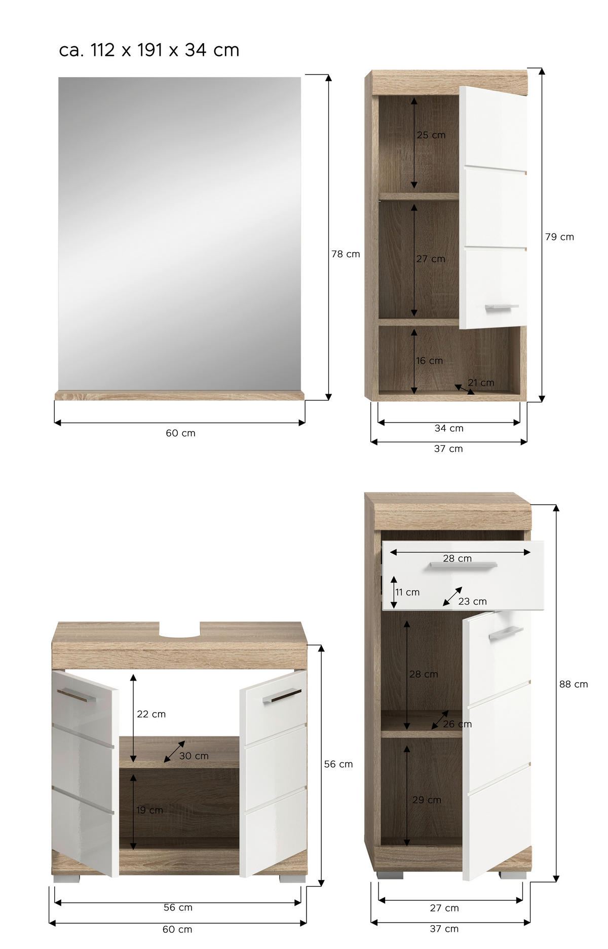 Badezimmer-Set Lambada Eiche Sonoma Nachbildung weiß Hochglanz B/H/T: ca. 112x191x34 cm Lambada - Eiche/weiß (112,00/191,00/34,00cm) - xonox.home