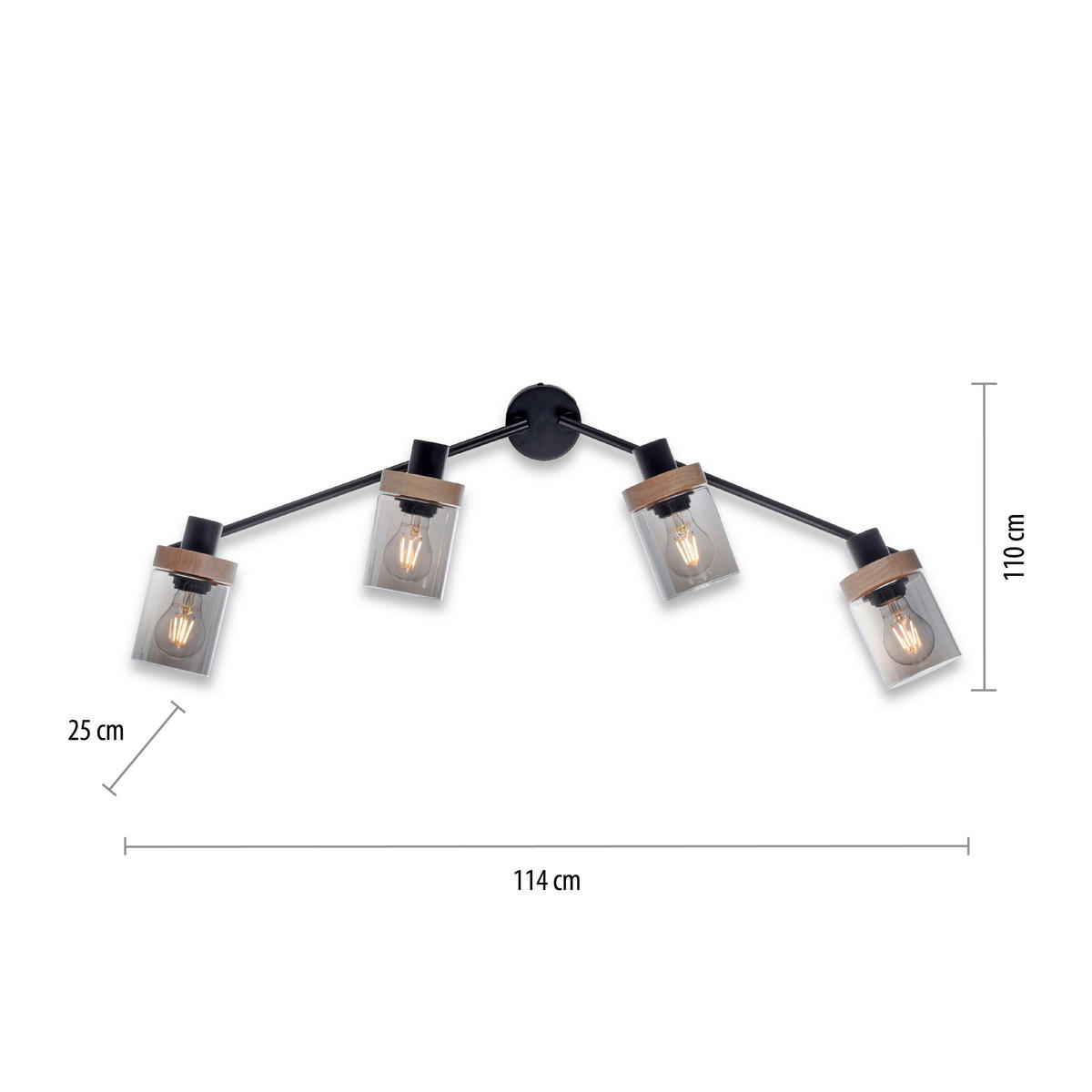 Just Light Spot Pasqual 11313-18 schwarz Rauch Metall Glas B/H/L: ca. 110x25x114 cm E27 4 Brennstellen Spot_4flg.Pasqual - schwarz/Rauch (114,00/110,00/25,00cm) - Just Light