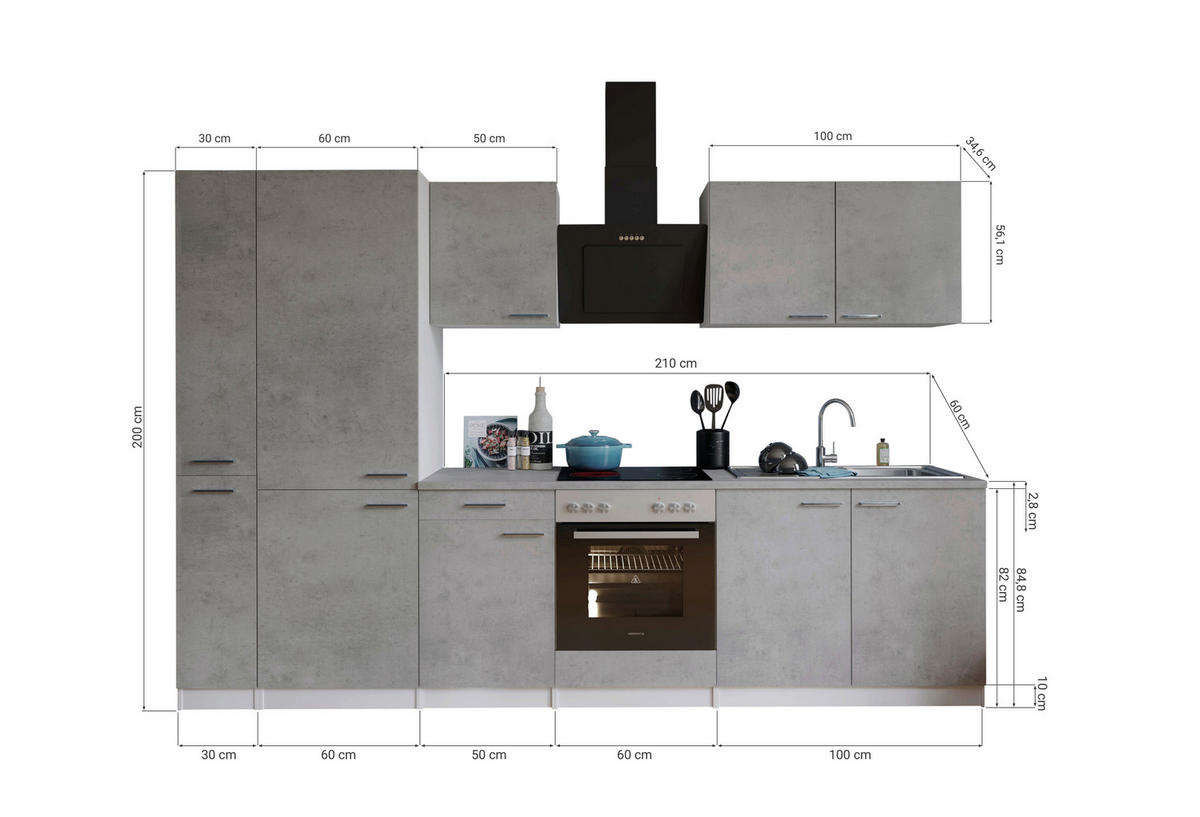 Respekta Küchenblock Malia Beton Optik B/H/T: ca. 300x200x60 cm Malia - Beton/weiß (300,00/200,00/60,00cm) - Respekta