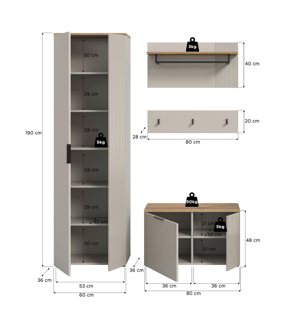 Garderobe Slide Kaschmirgrau Nachbildung Evoke Oak Nachbildung B/H/T: ca. 155x190x36 cm Slide - (155,00/190,00/36,00cm) - xonox.home