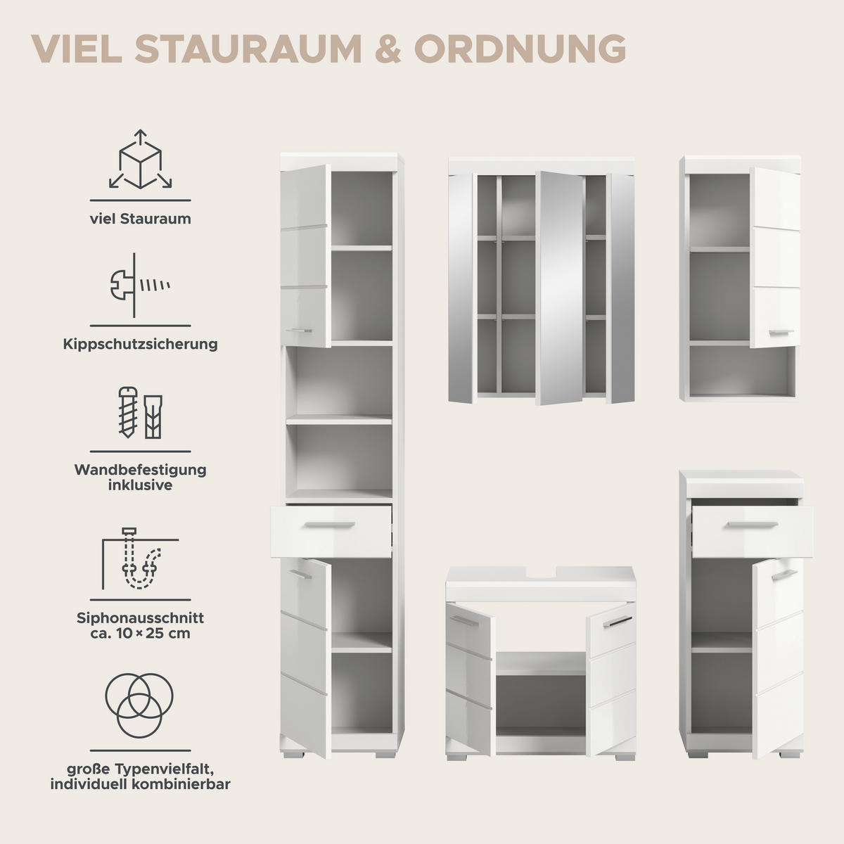 Badezimmer-Set Scout weiß weiß Hochglanz B/H/T: ca. 164x191x34 cm Scout - weiß (164,00/191,00/34,00cm) - xonox.home