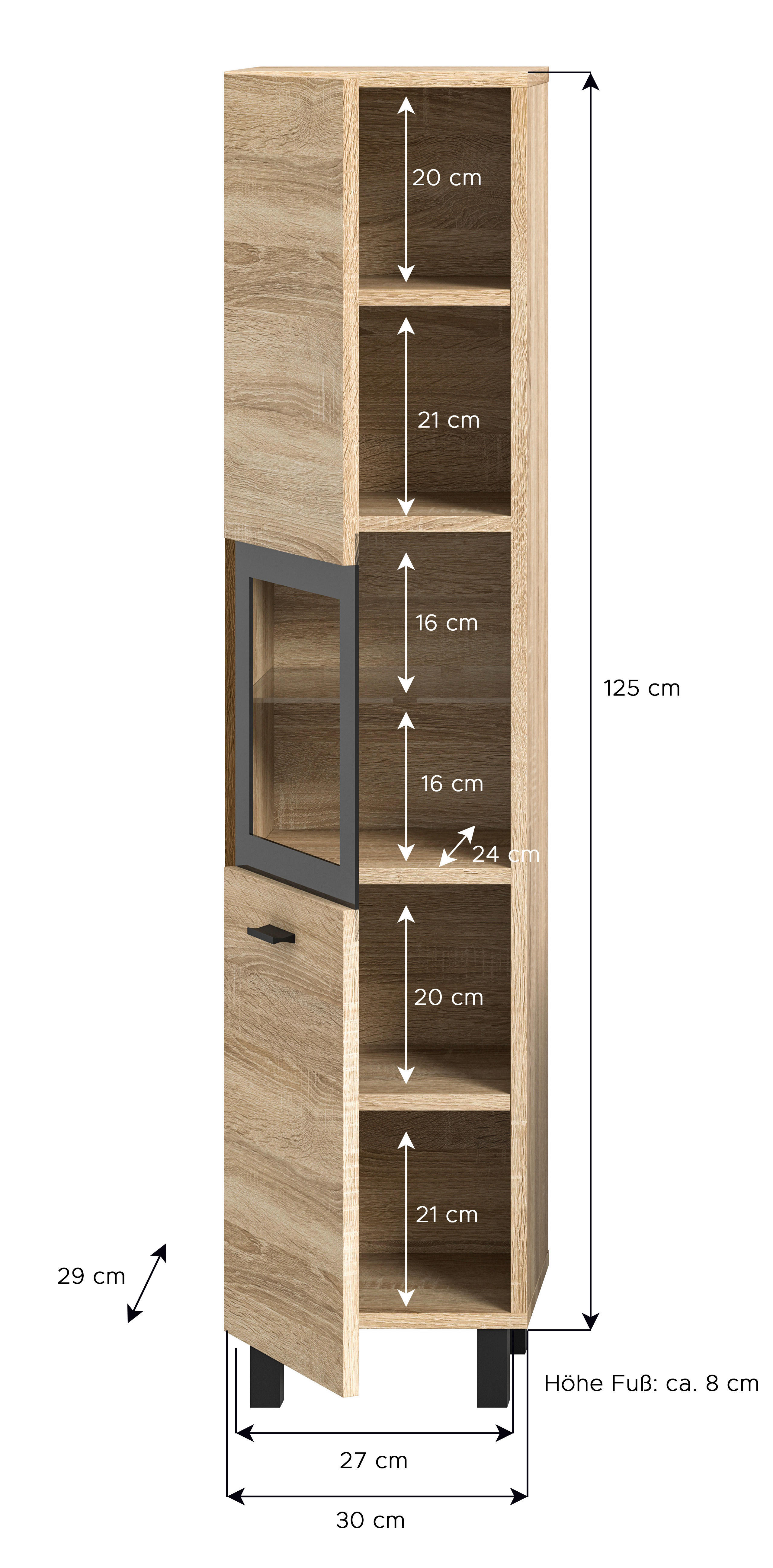 Badhochschrank BOSTON Eiche Sonoma Nachbildung schwarz B/H/T: ca. 30x125x29 cm BOSTON - Eiche/schwarz (30,00/125,00/29,00cm) - xonox.home