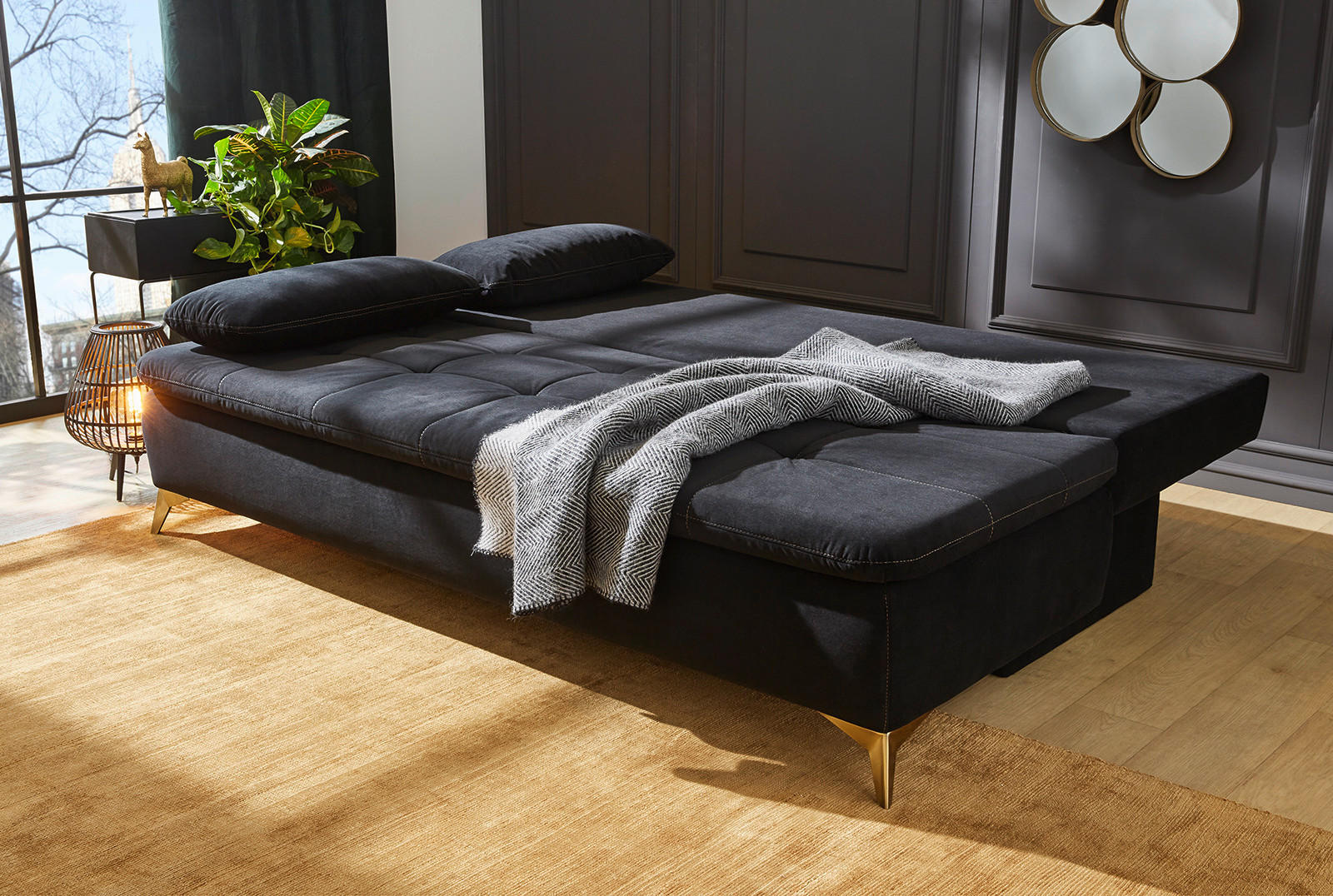 Thumbnail - Schlafsofa  schwarz Samt B/H/T: ca. 202x88x95 cm