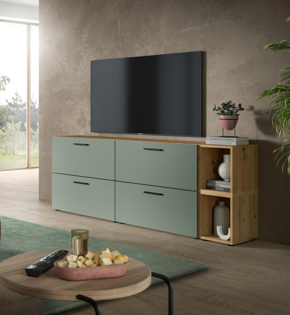 Wohnwand-Set TheOne Eiche Artisan Nachbildung grün B/H/T: ca. 75x32x34 cm TheOne - Eiche/grün (75,00/32,00/34,00cm)