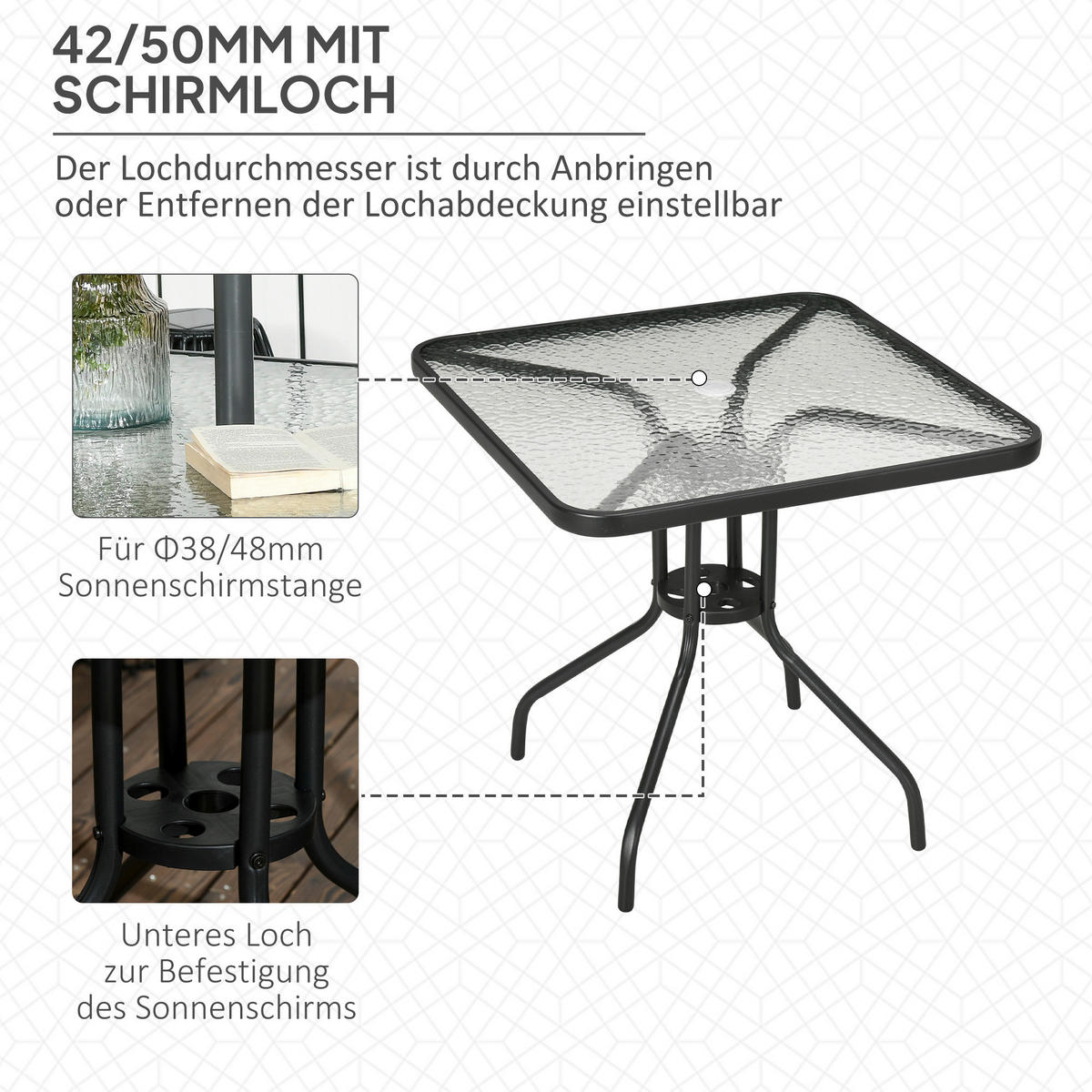 Outsunny Gartentisch schwarz Glas B/H/L: ca. 76x72x76 cm Gartentisch - schwarz (76,00/76,00/72,00cm) - Outsunny