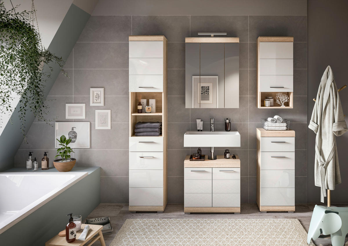 Badezimmer-Set Lambada Eiche Sonoma Nachbildung weiß Hochglanz B/H/T: ca. 164x191x34 cm Lambada - Eiche/weiß (164,00/191,00/34,00cm) - xonox.home