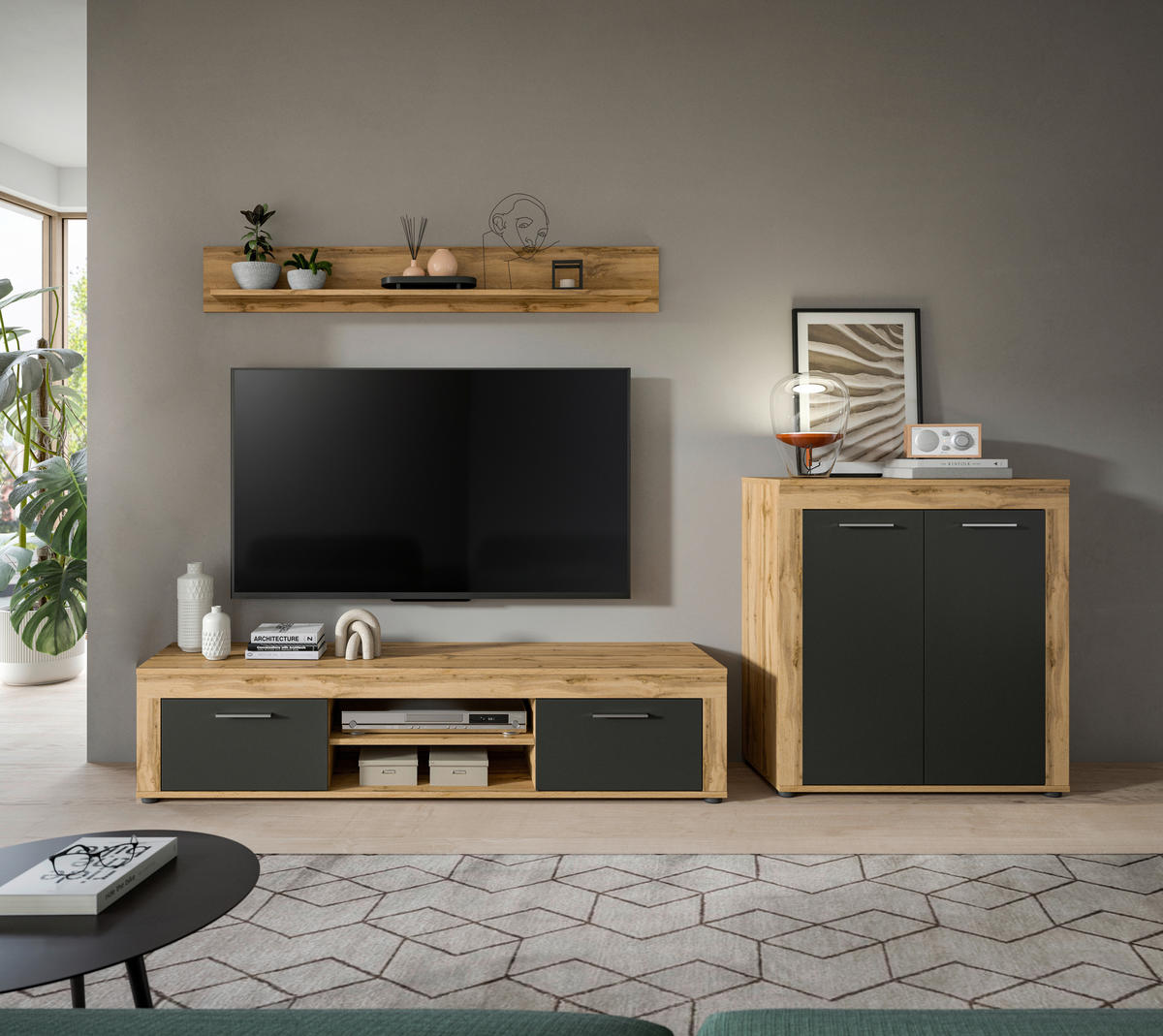 Wohnwand Jam Eiche Wotan Nachbildung grau B/H/T: ca. 255x159x35 cm Jam - Eiche/grau (255,00/159,00/35,00cm) - xonox.home