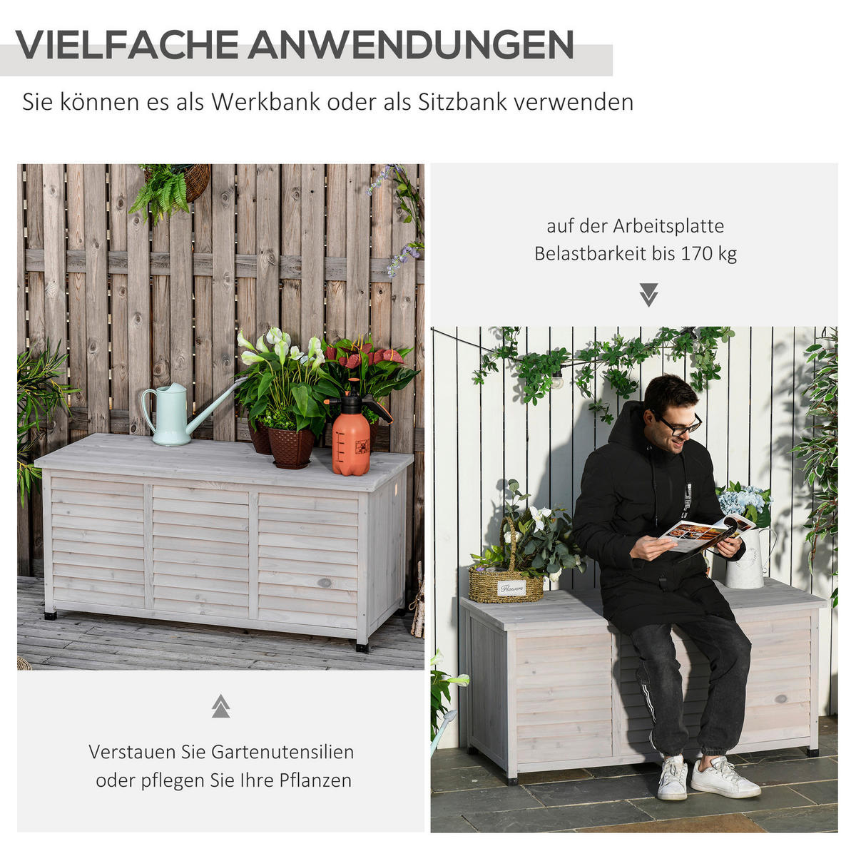 Outsunny Gartentruhe mit Stauraum grau Holz B/H/L: ca. 56x60x127 cm Gartentruhe mit Stauraum - grau (127,00/56,00/60,00cm) - Outsunny