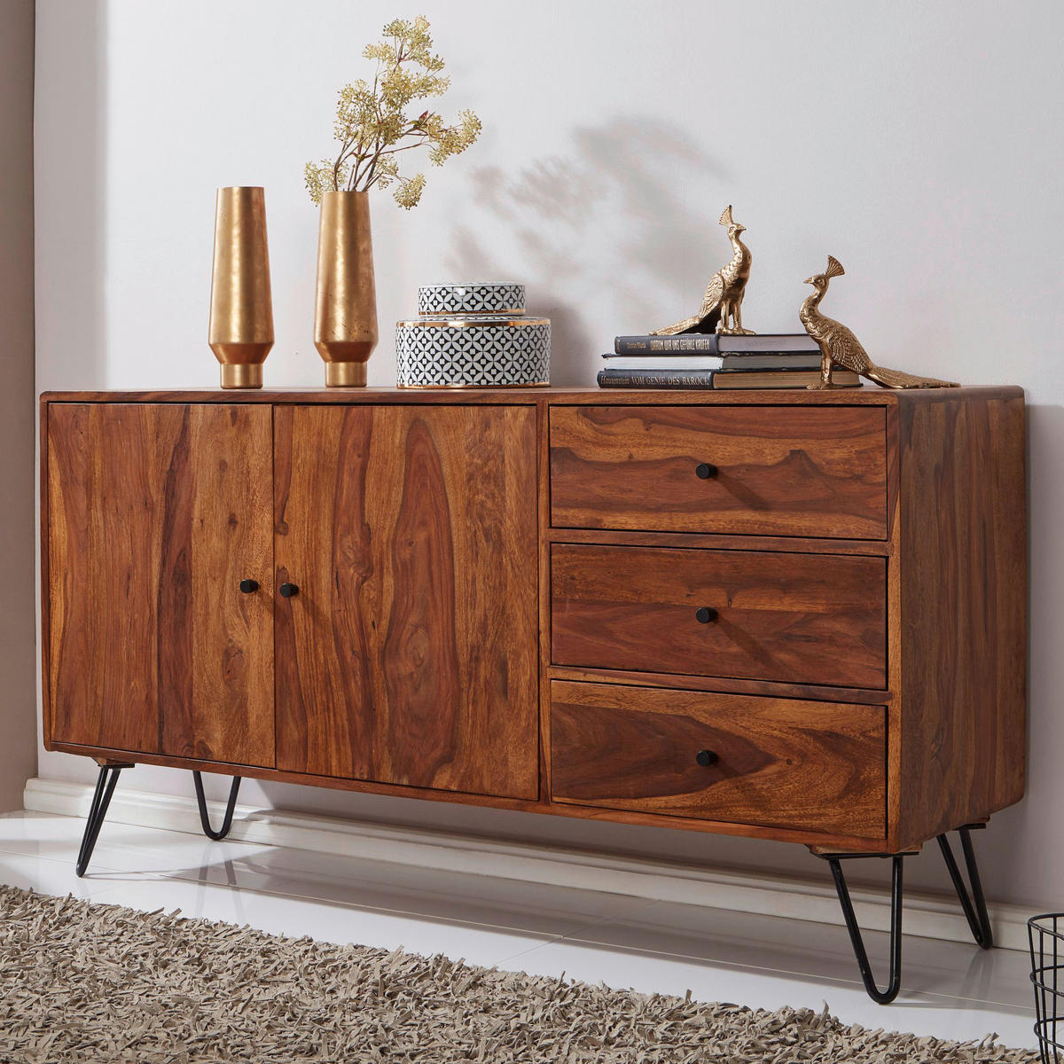 Sideboard schwarz lackiert natur beschichtet B/H/T: ca. 145x75x40 cm Sideboard - natur/schwarz (145,00/75,00/40,00cm) - Wohnling