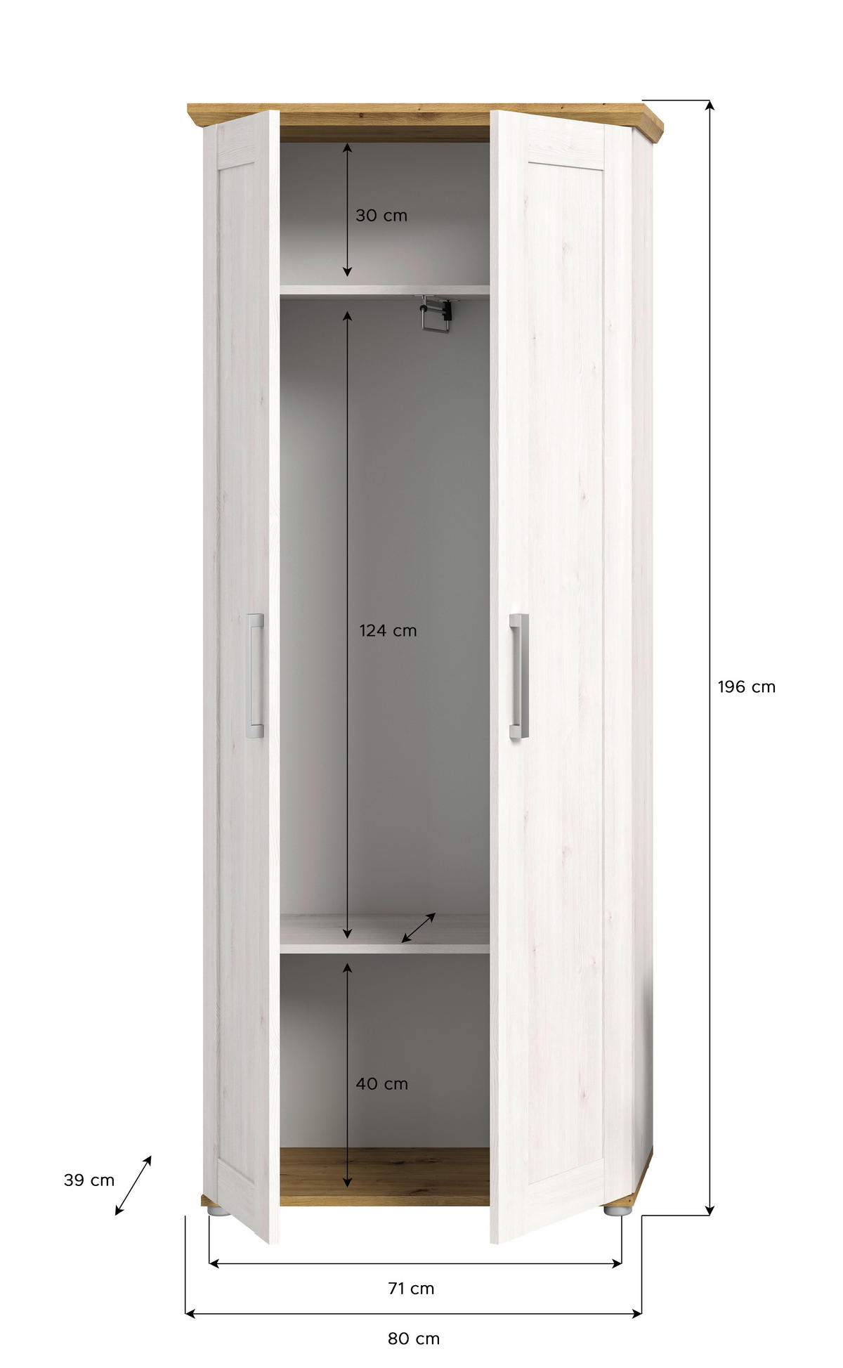 Garderobenschrank Verona Sibiu Lärche Nachbildung Eiche Artisan Nachbildung B/H/T: ca. 78x194x37 cm Verona - Eiche (78,00/194,00/37,00cm) - xonox.home